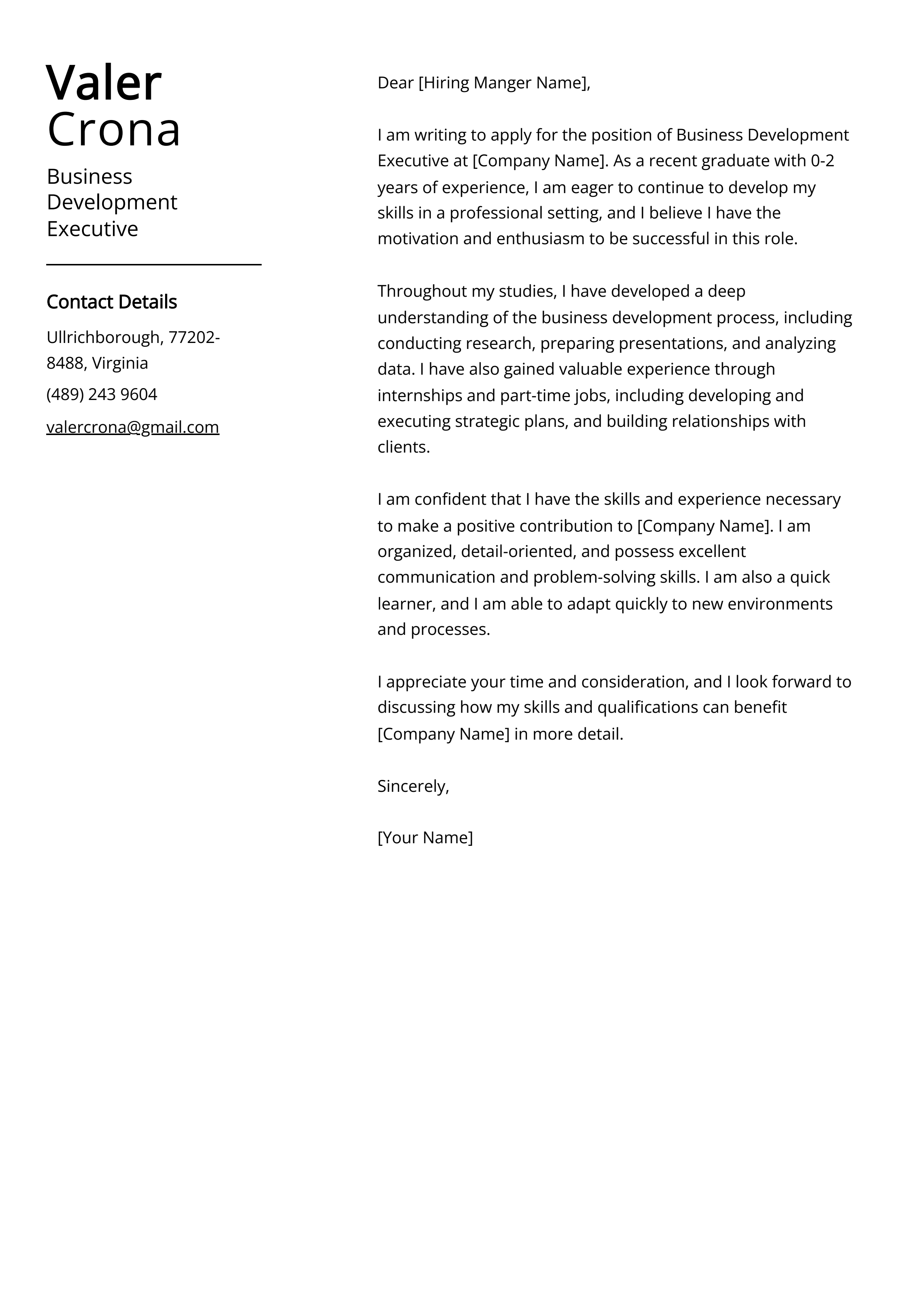 Business Development Executive Cover Letter Example