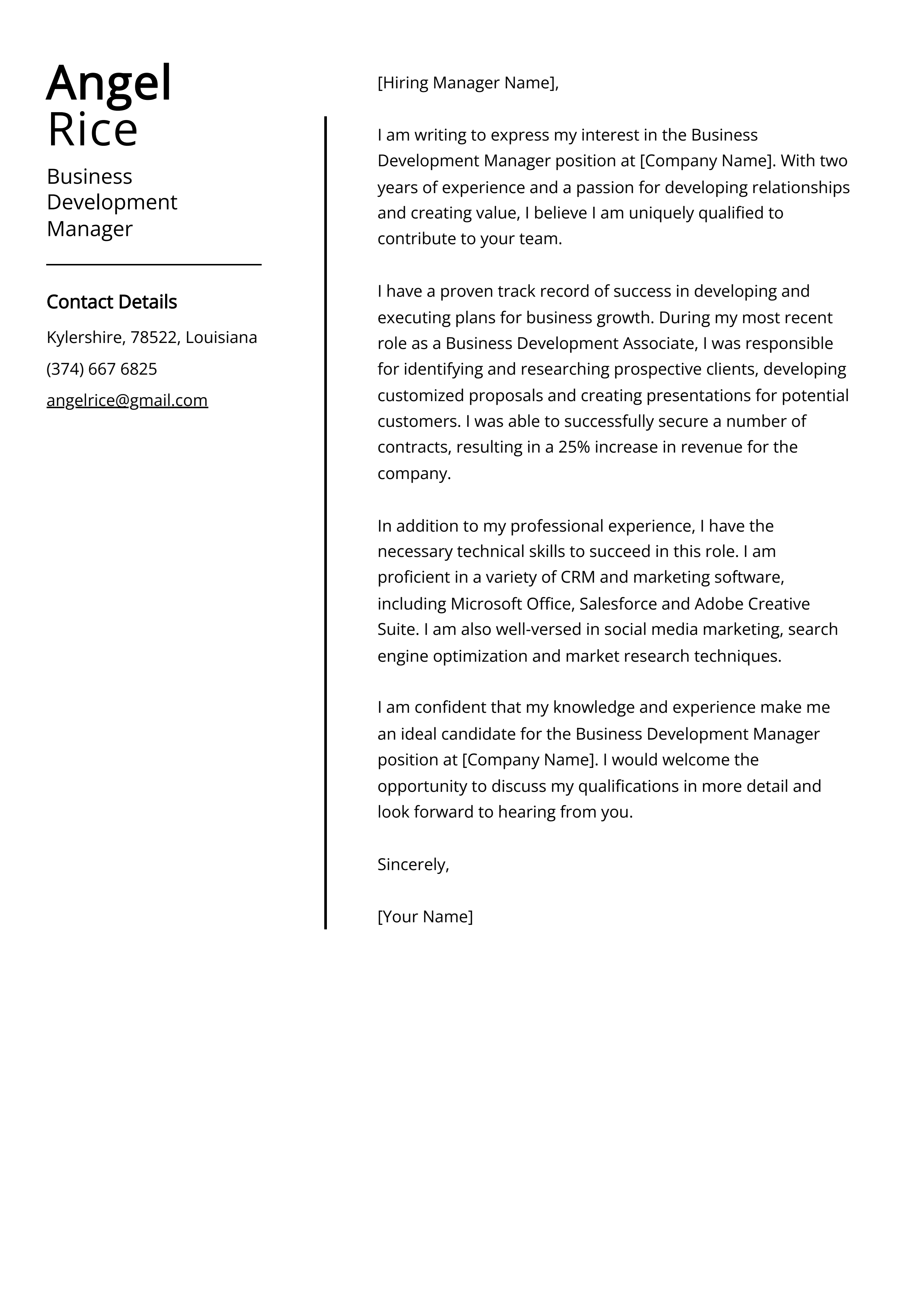 Business Development Manager Cover Letter Example