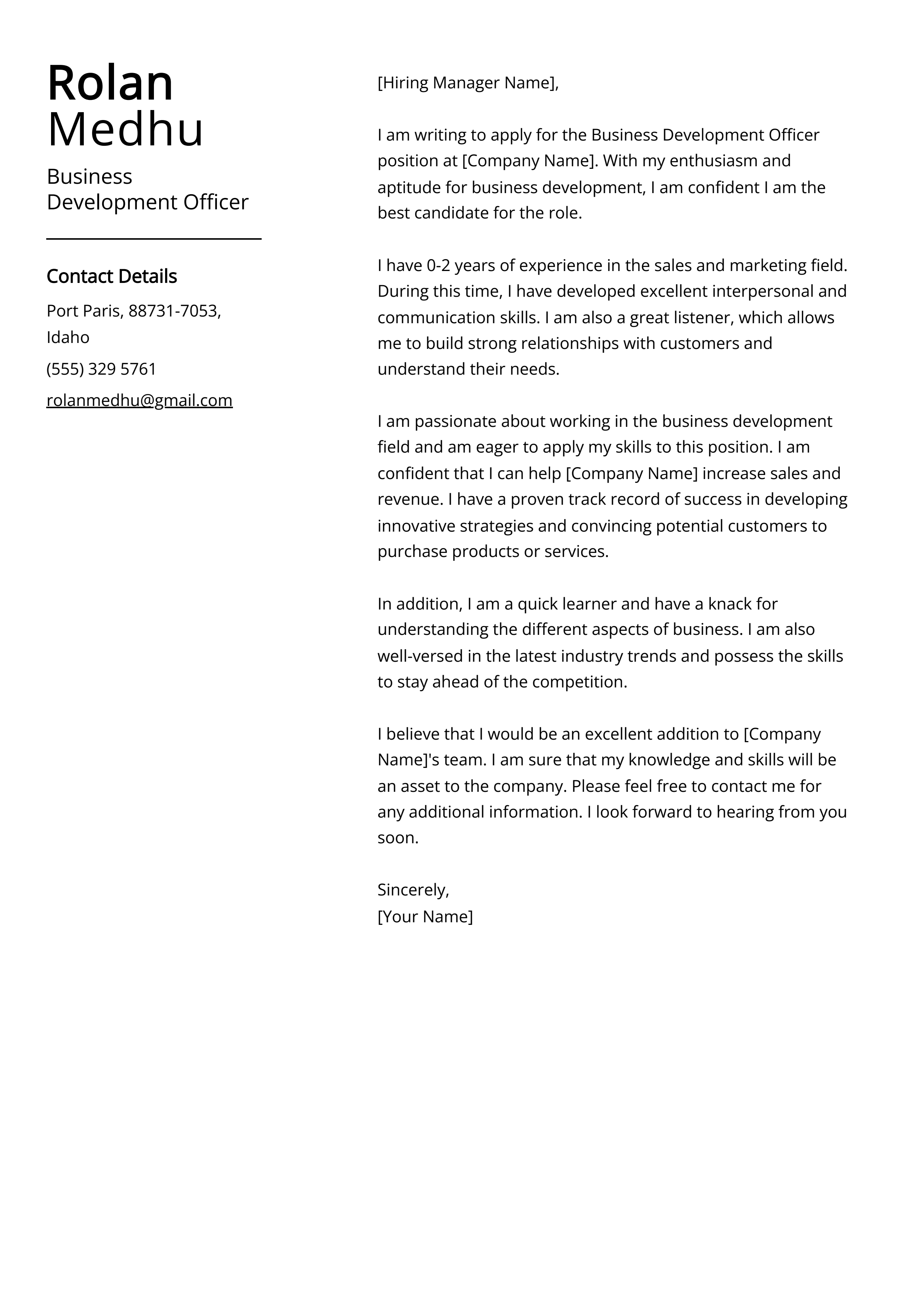 Business Development Officer Cover Letter Example