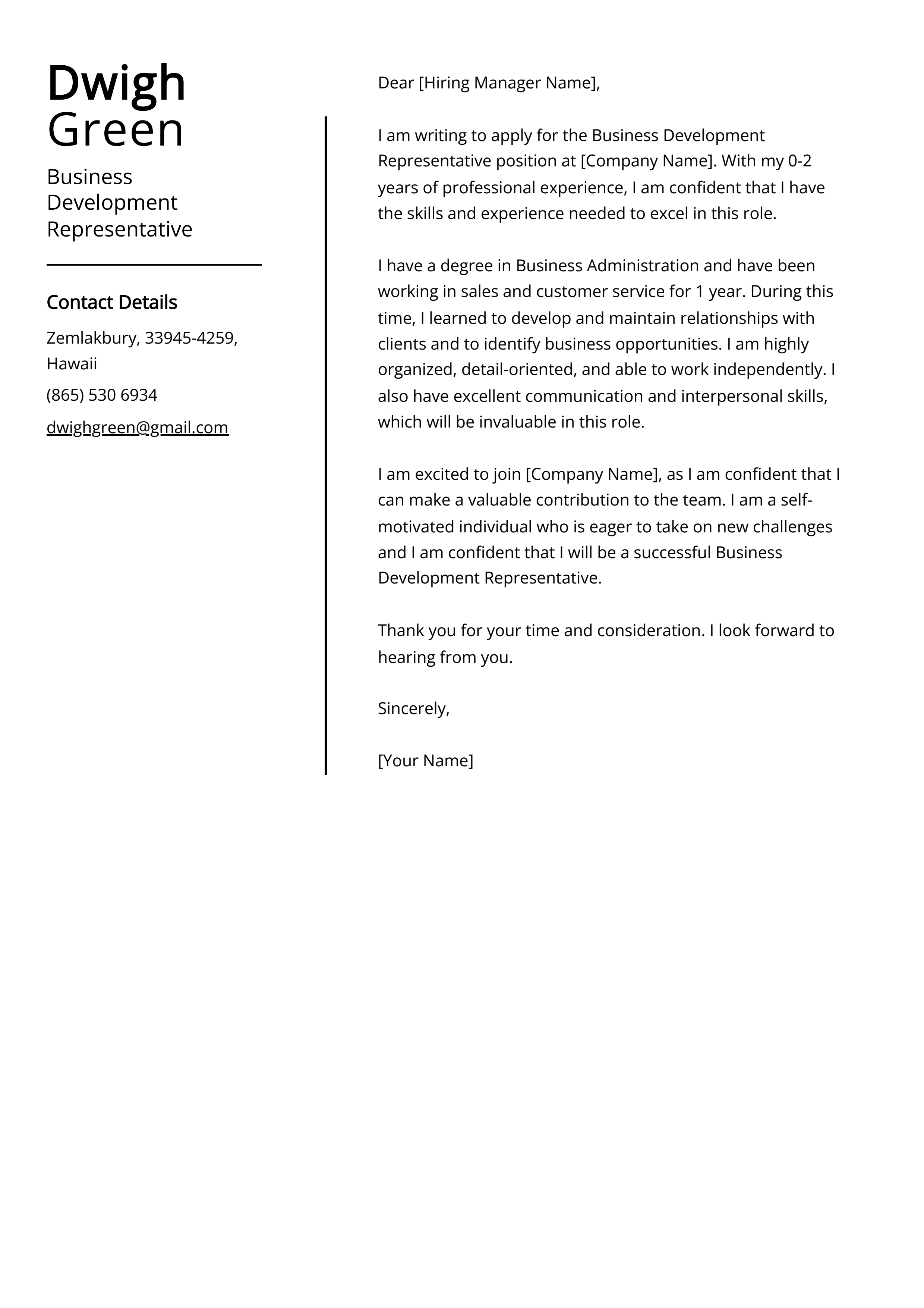 Business Development Representative Cover Letter Example