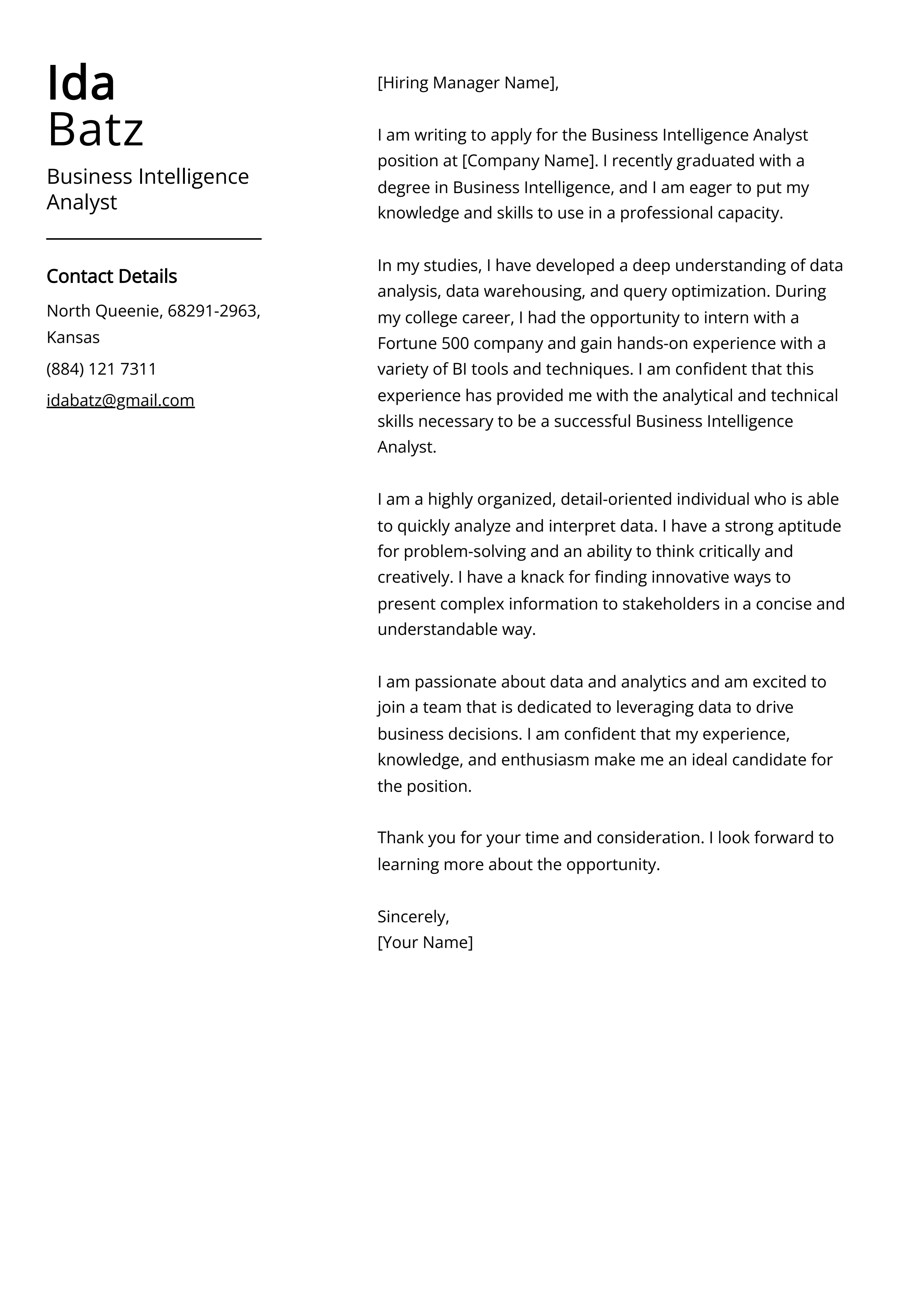 Business Intelligence Analyst Cover Letter Example