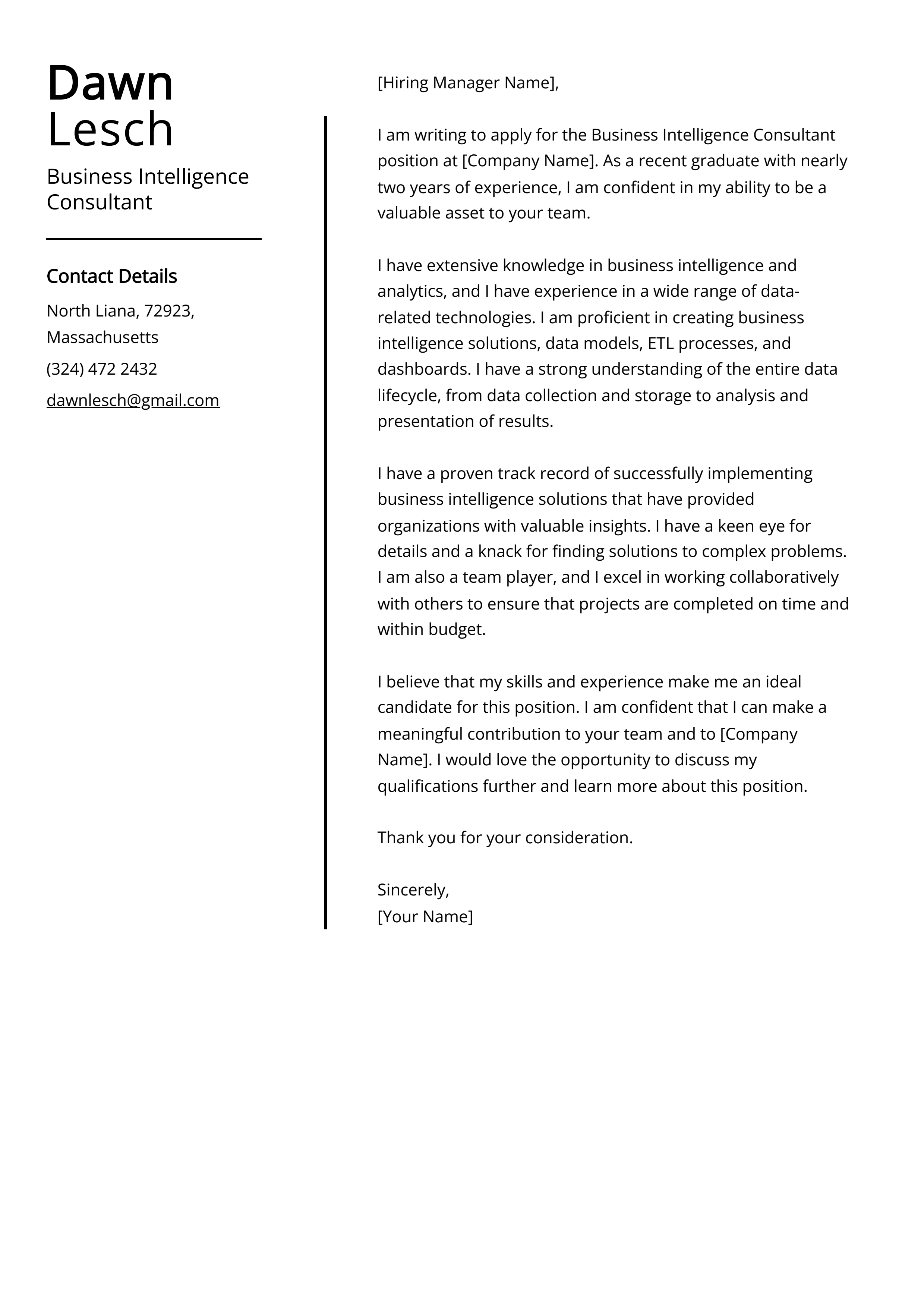 Business Intelligence Consultant Cover Letter Example