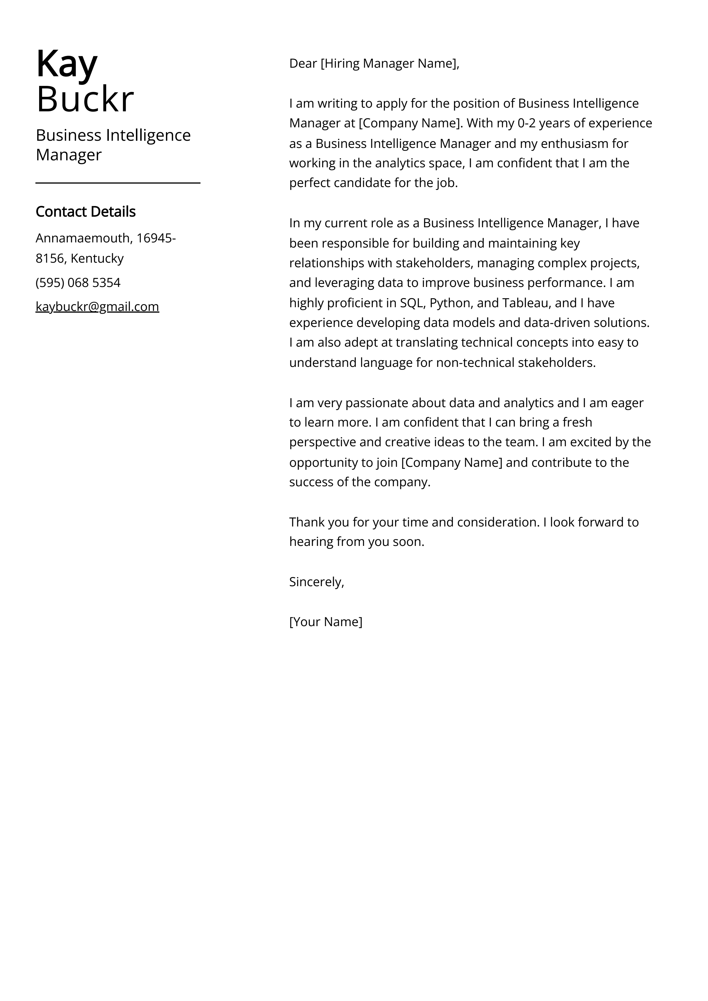 Business Intelligence Manager Cover Letter Example
