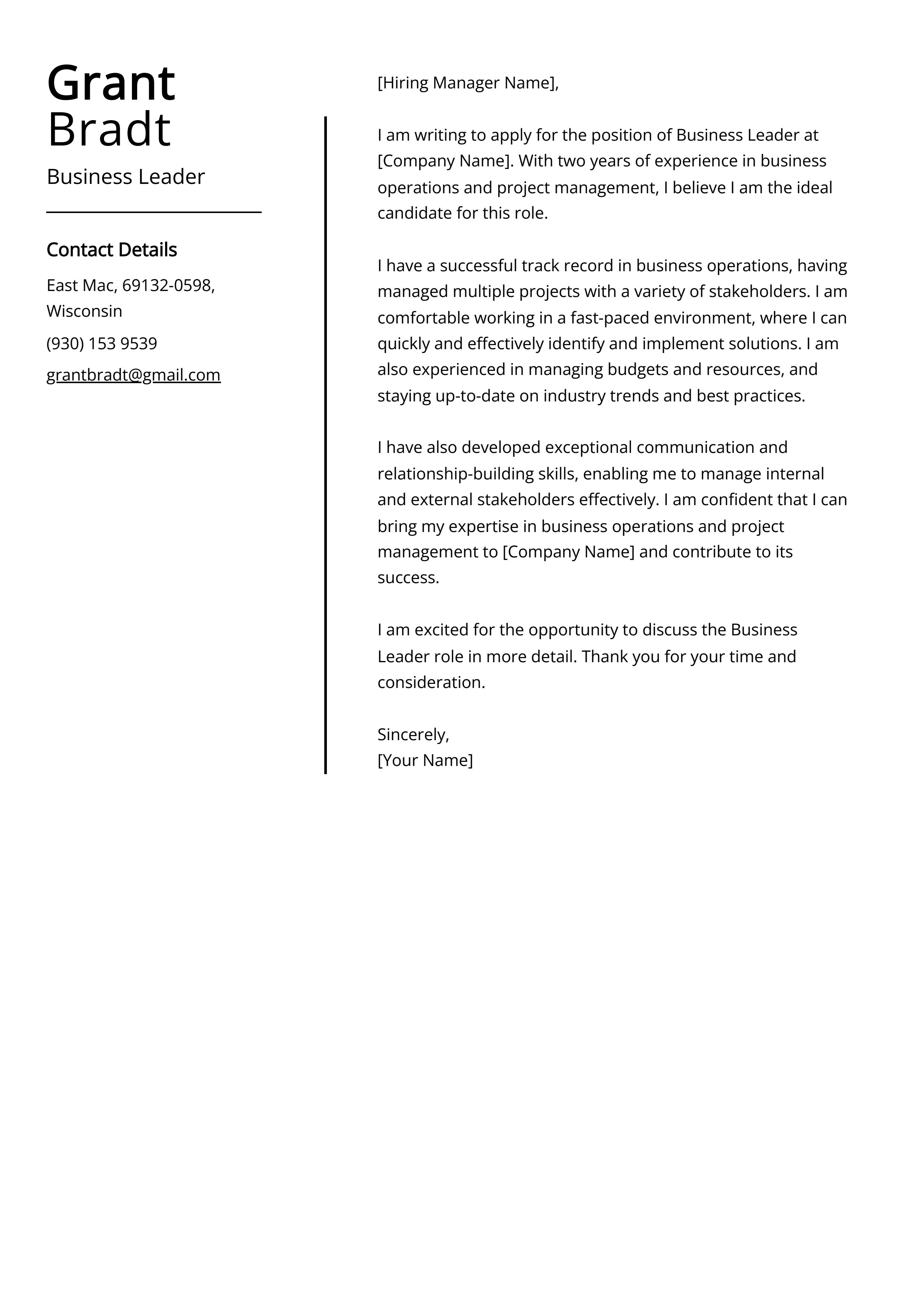 Business Leader Cover Letter Example