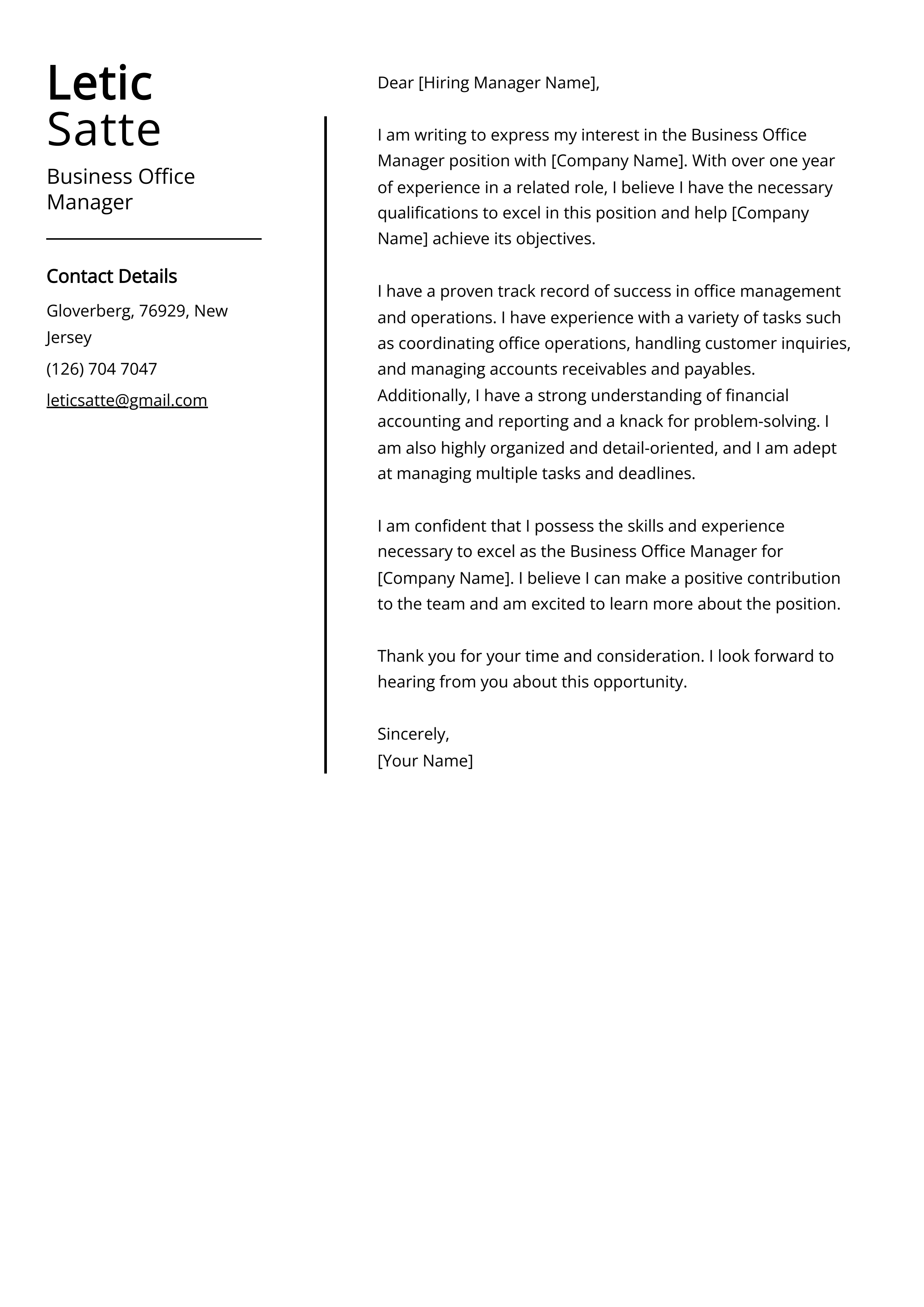 Business Office Manager Cover Letter Example