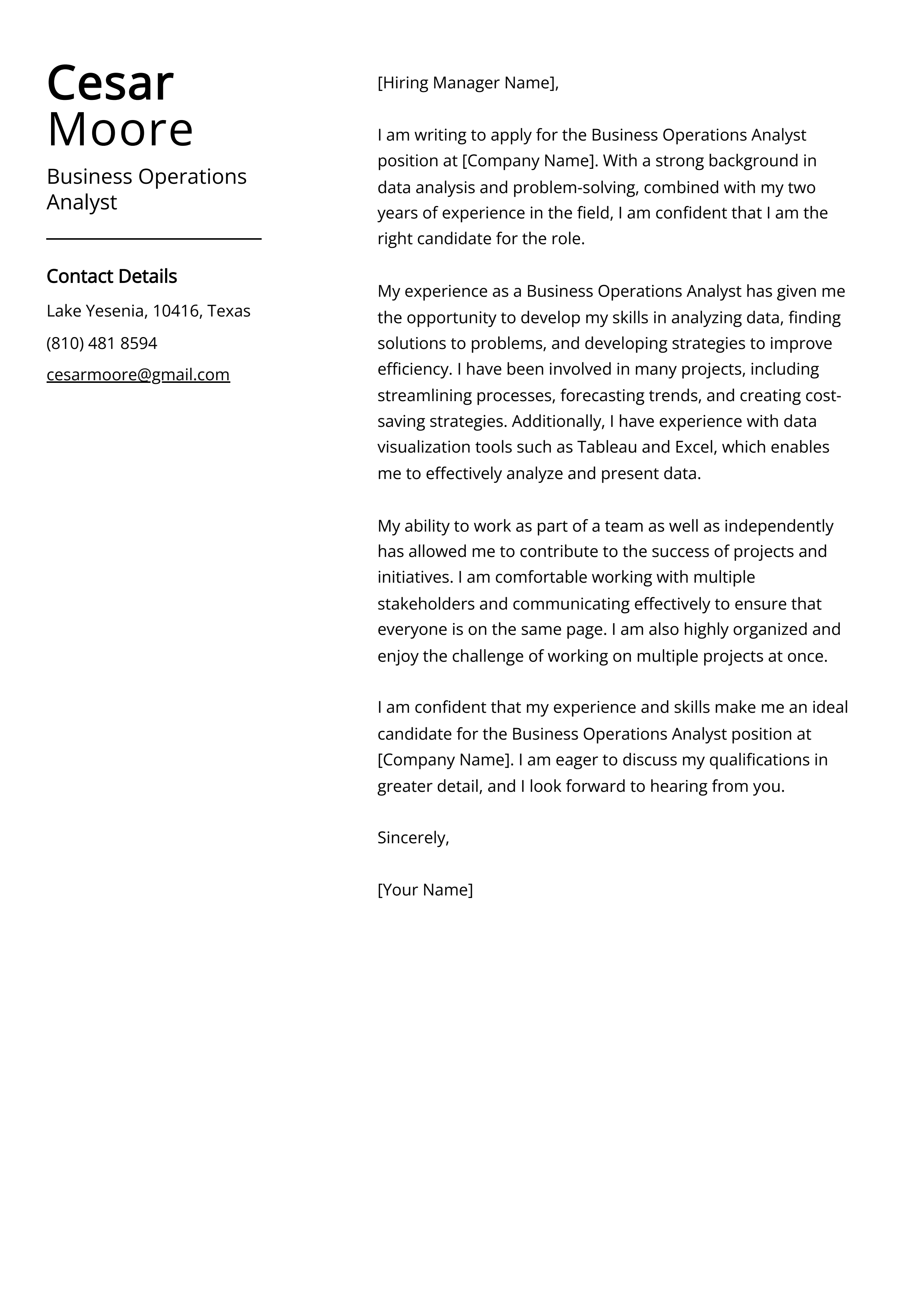 Business Operations Analyst Cover Letter Example