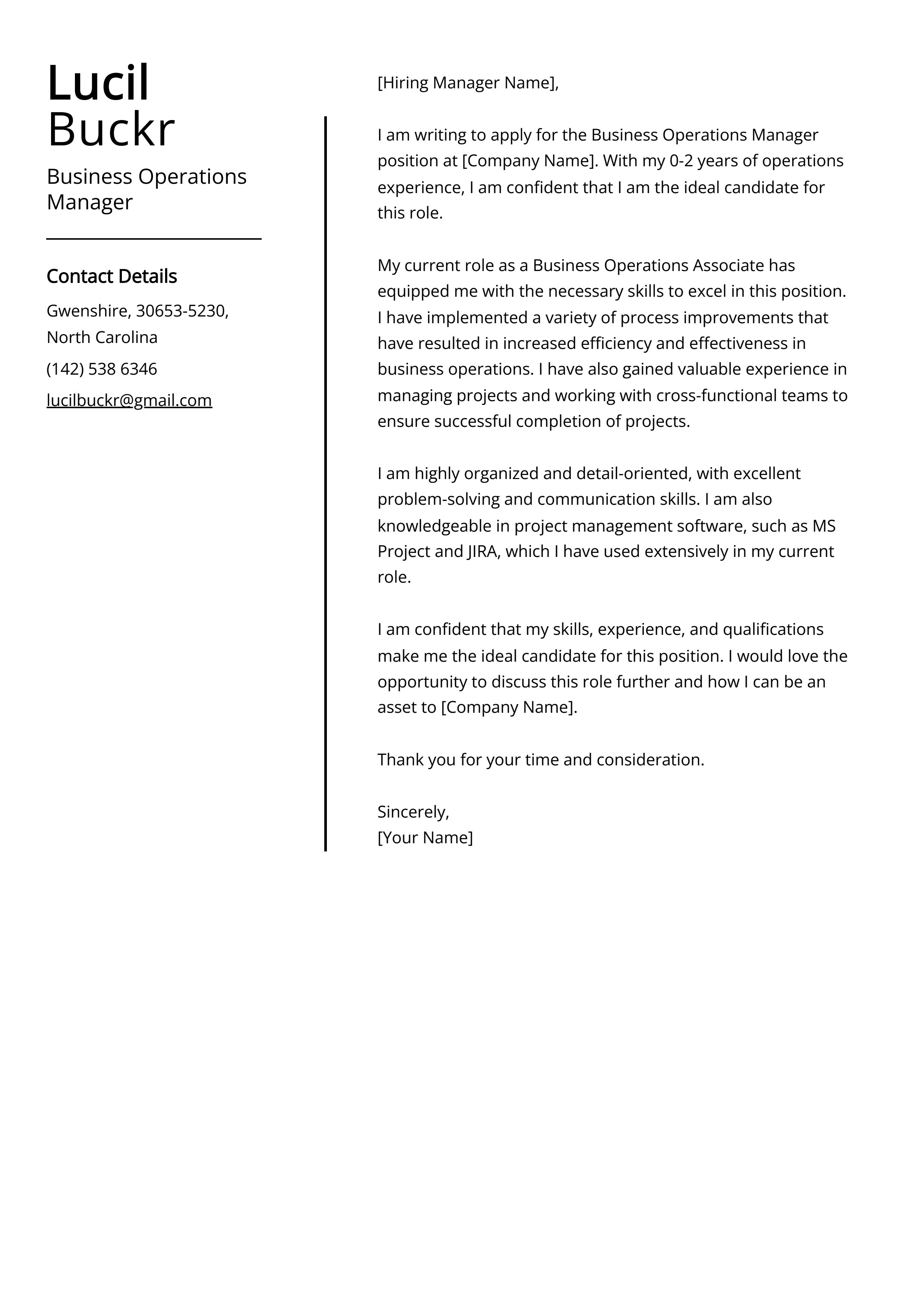 Business Operations Manager Cover Letter Example