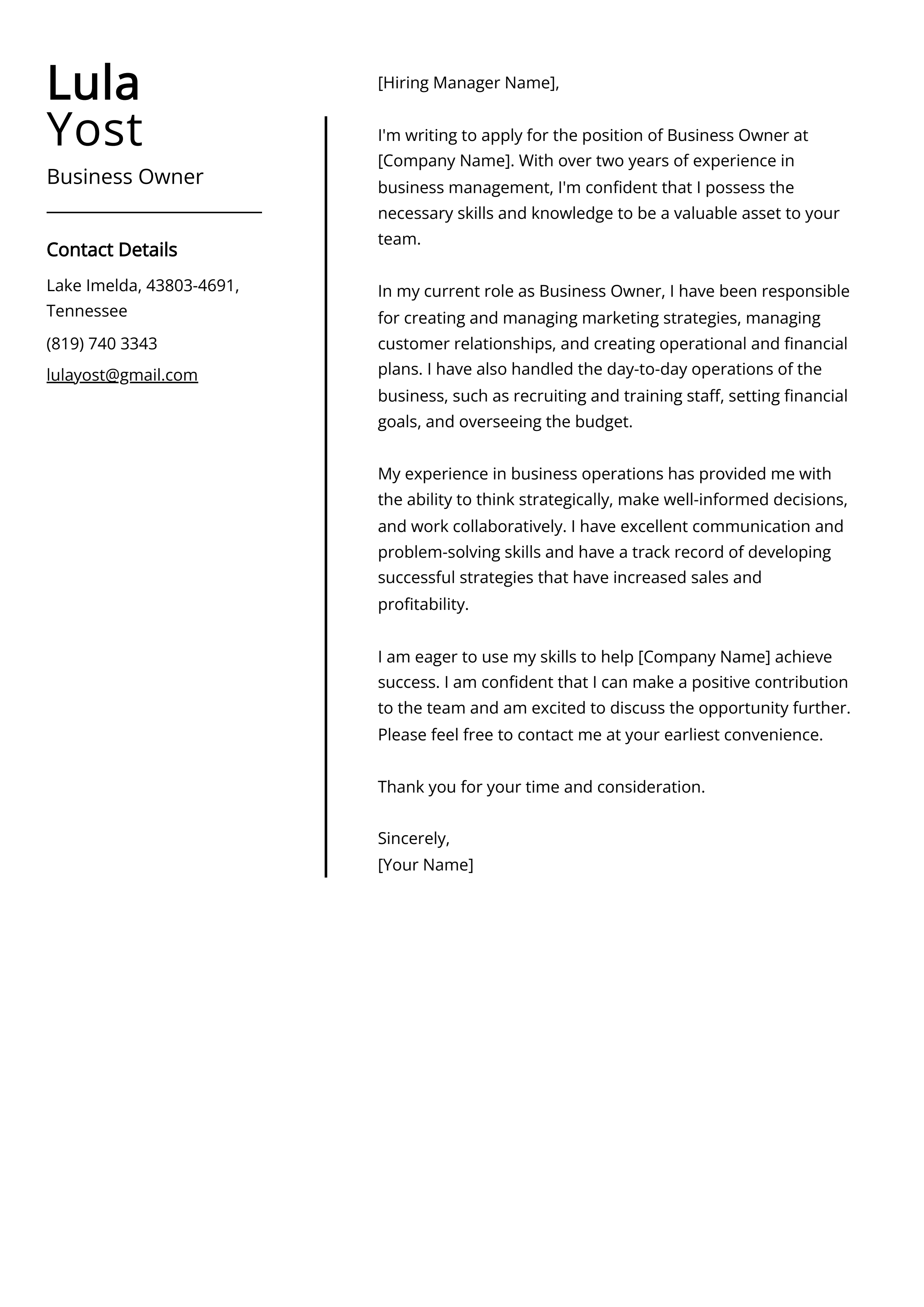Business Owner Cover Letter Example