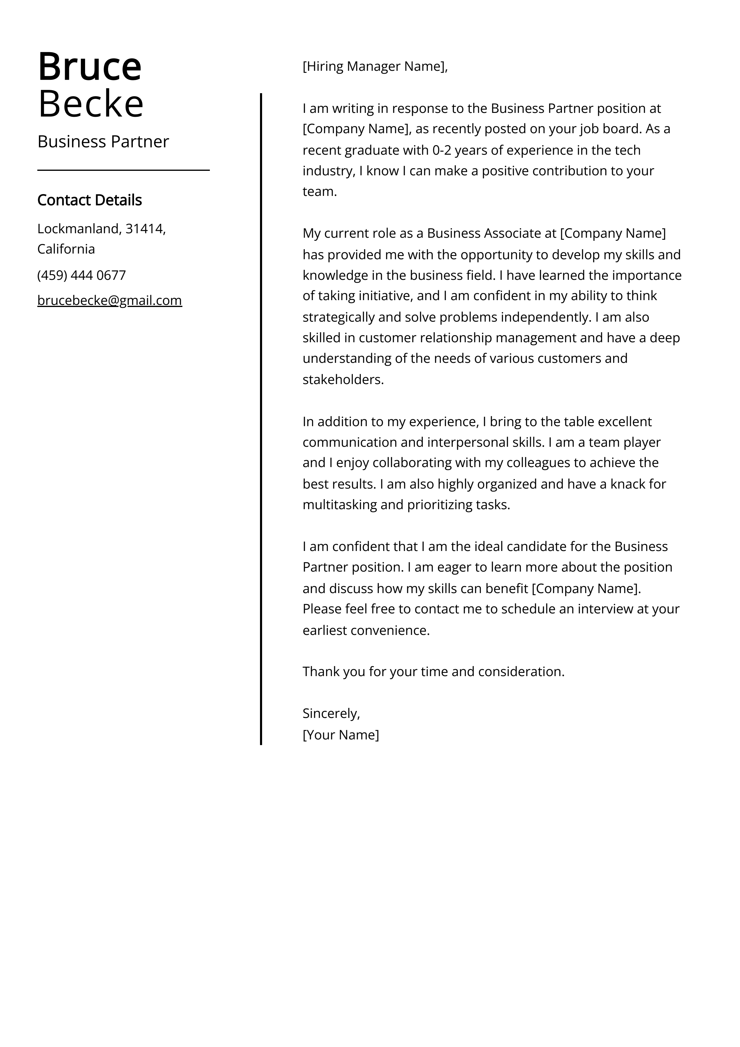 Business Partner Cover Letter Example
