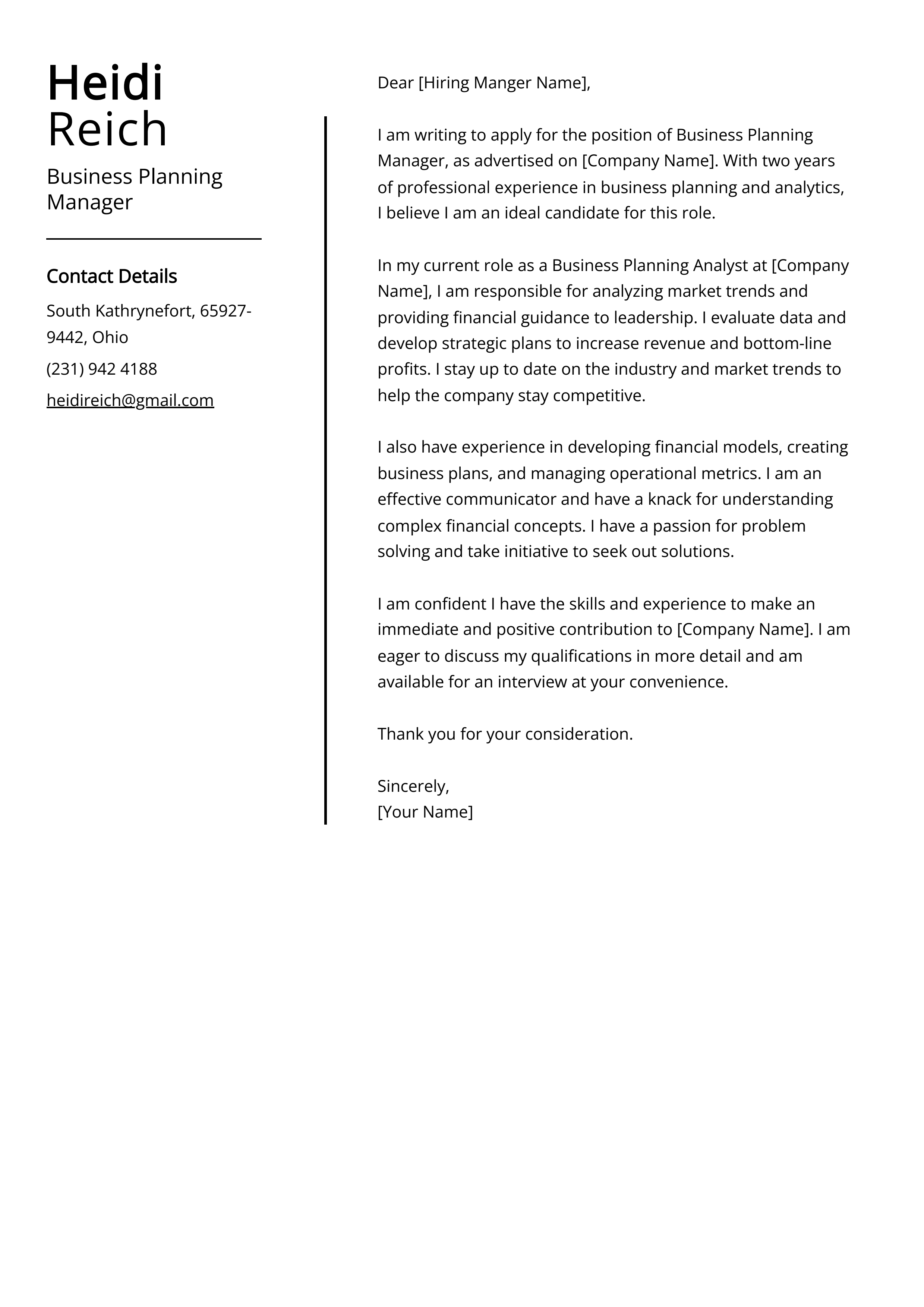 Business Planning Manager Cover Letter Example