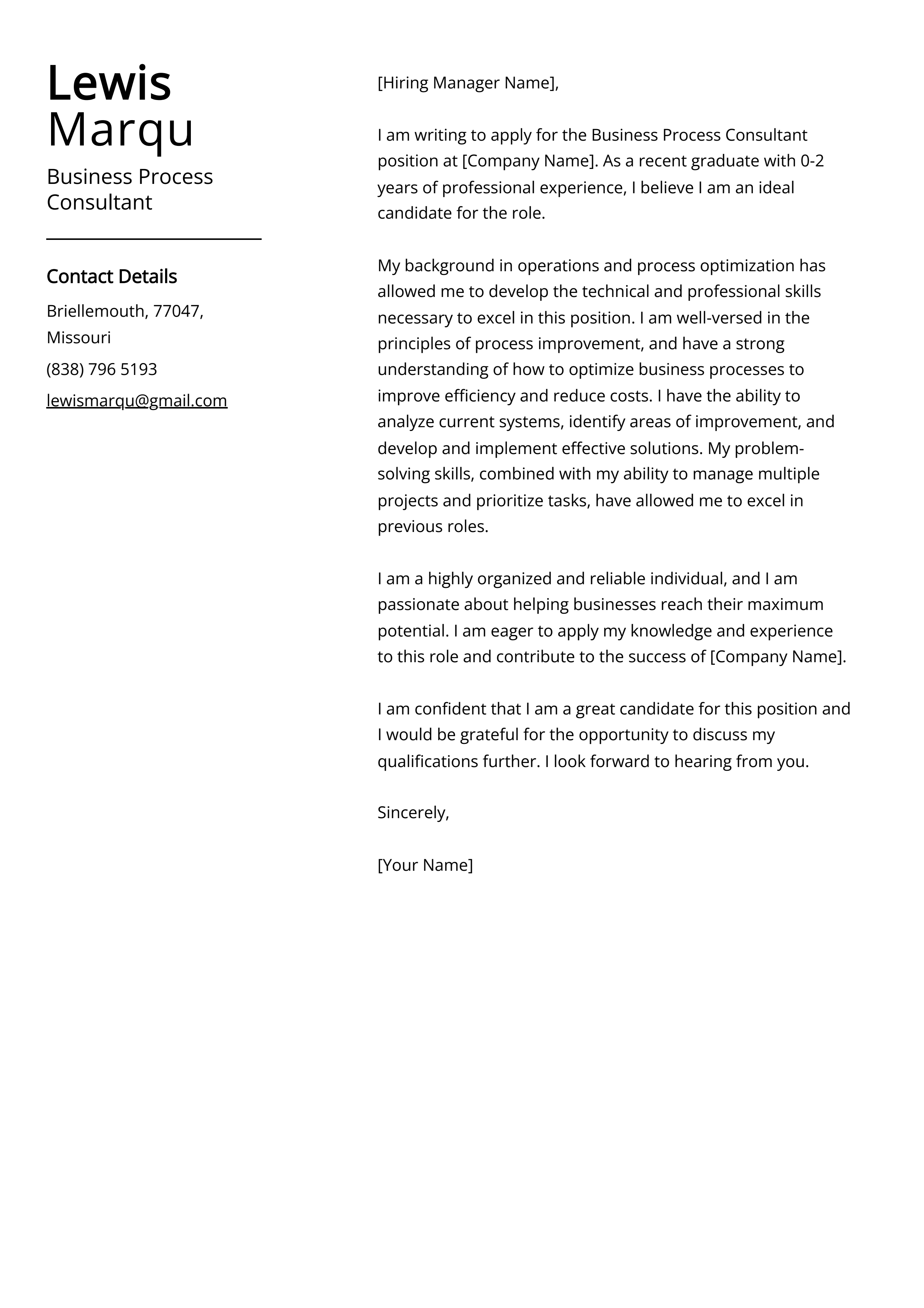 Business Process Consultant Cover Letter Example