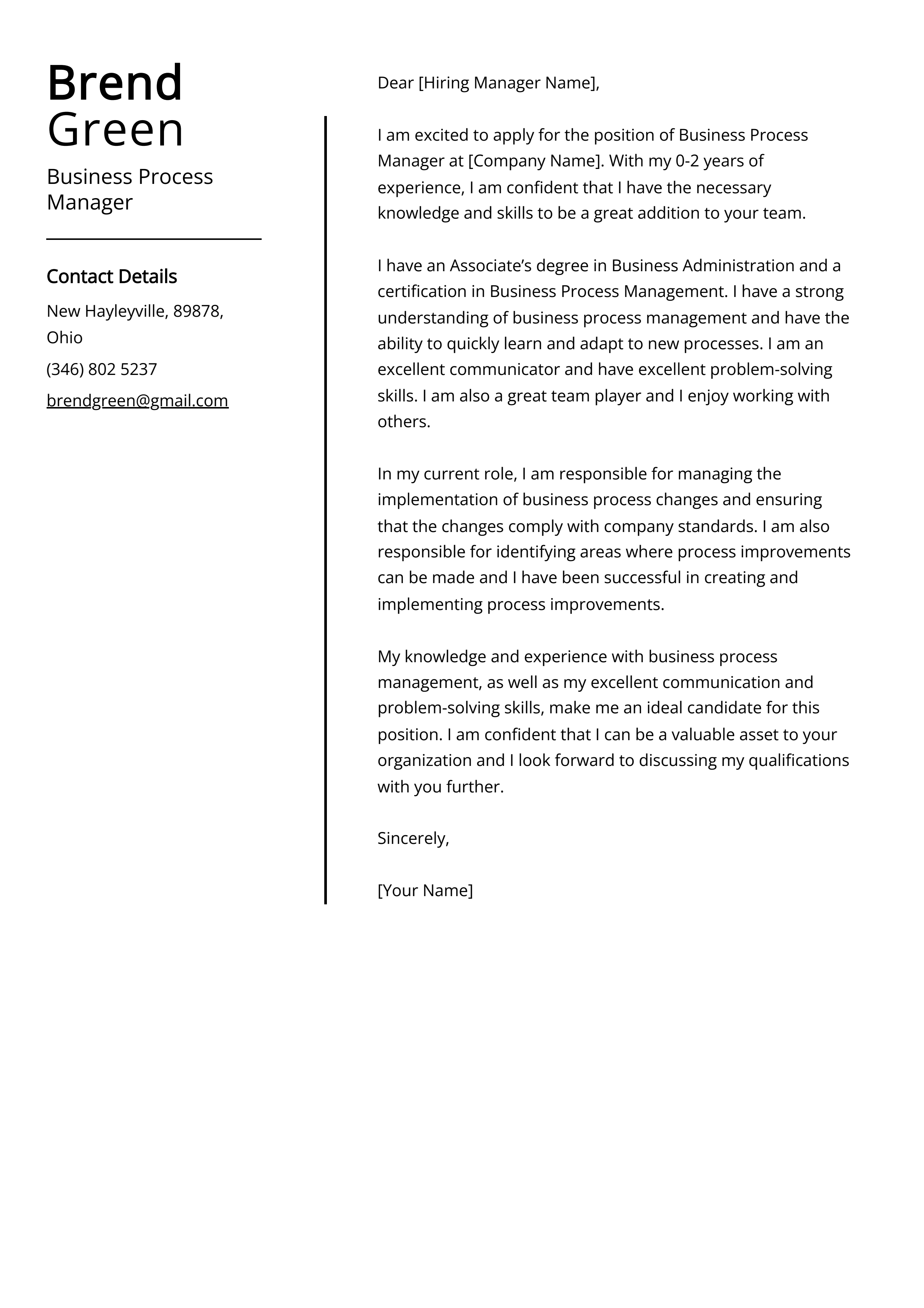 Business Process Manager Cover Letter Example