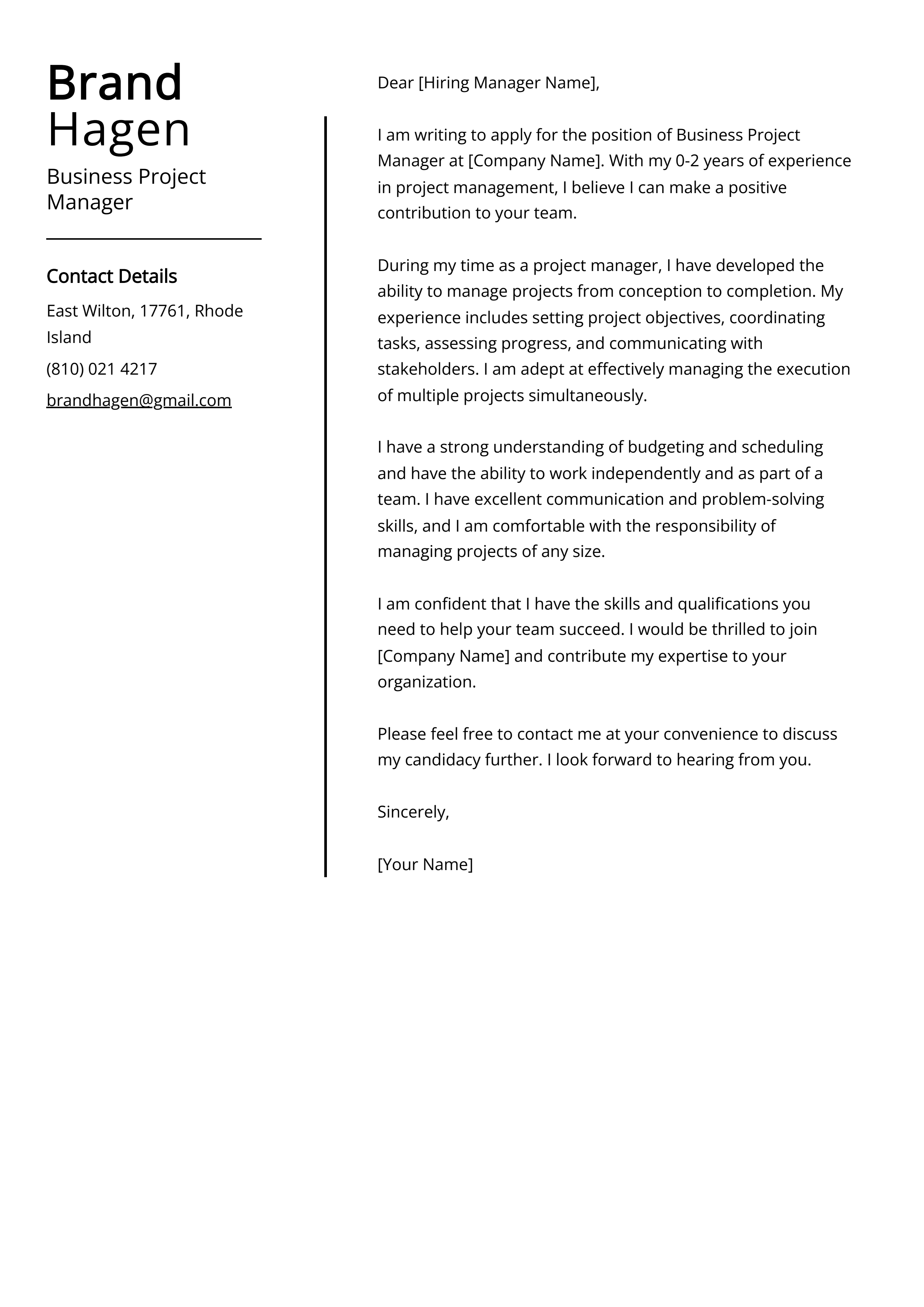Business Project Manager Cover Letter Example