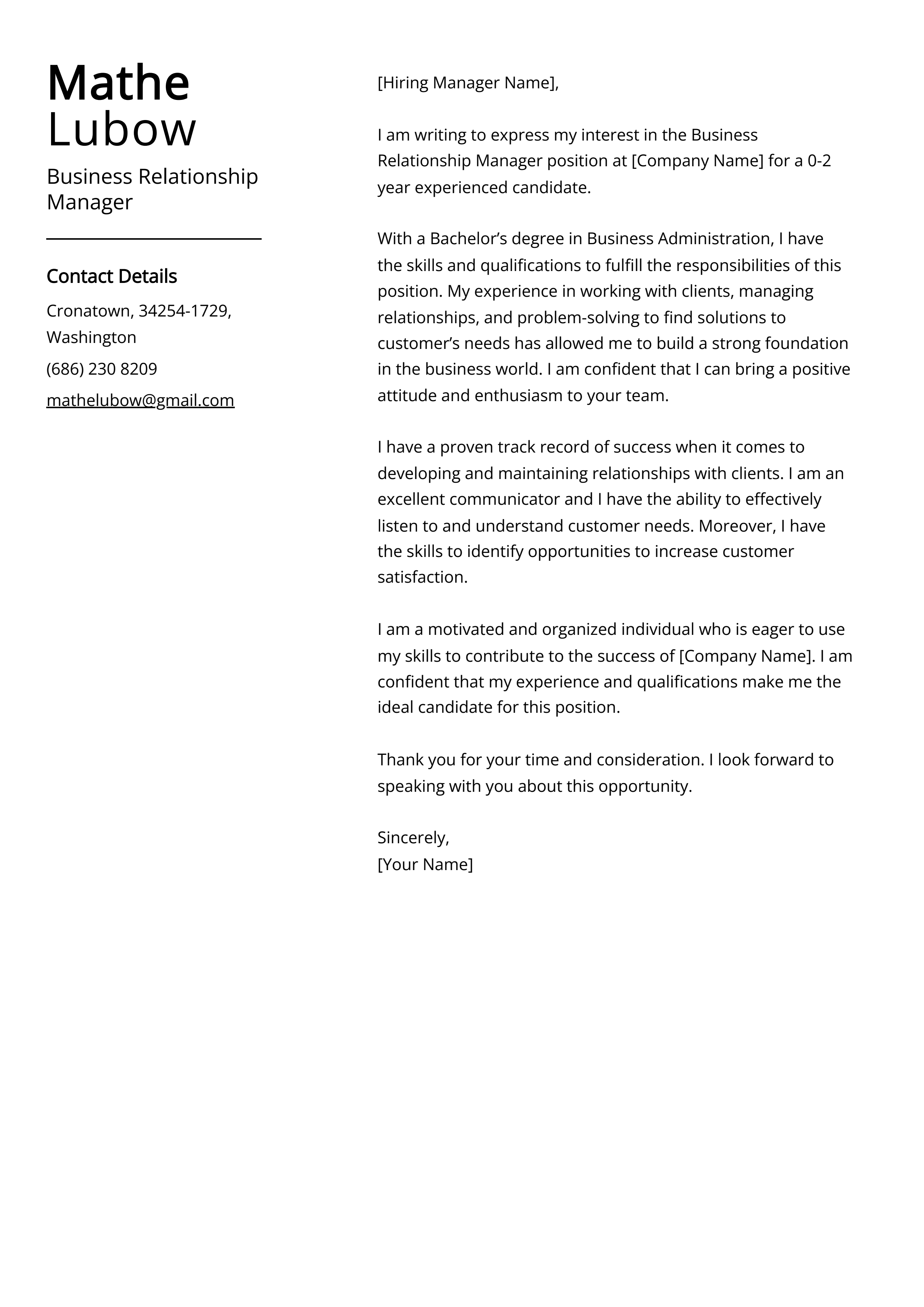 Business Relationship Manager Cover Letter Example