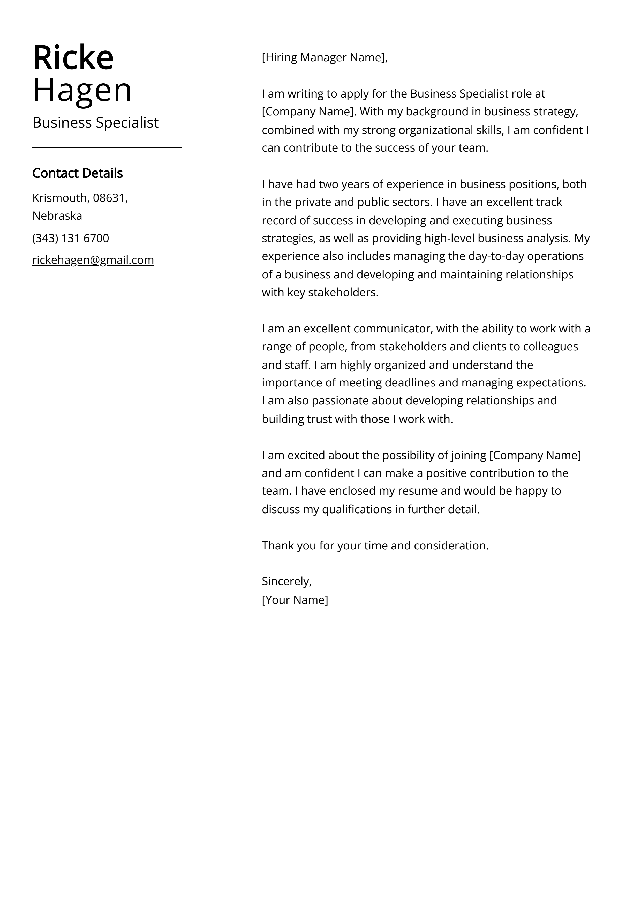 Business Specialist Cover Letter Example