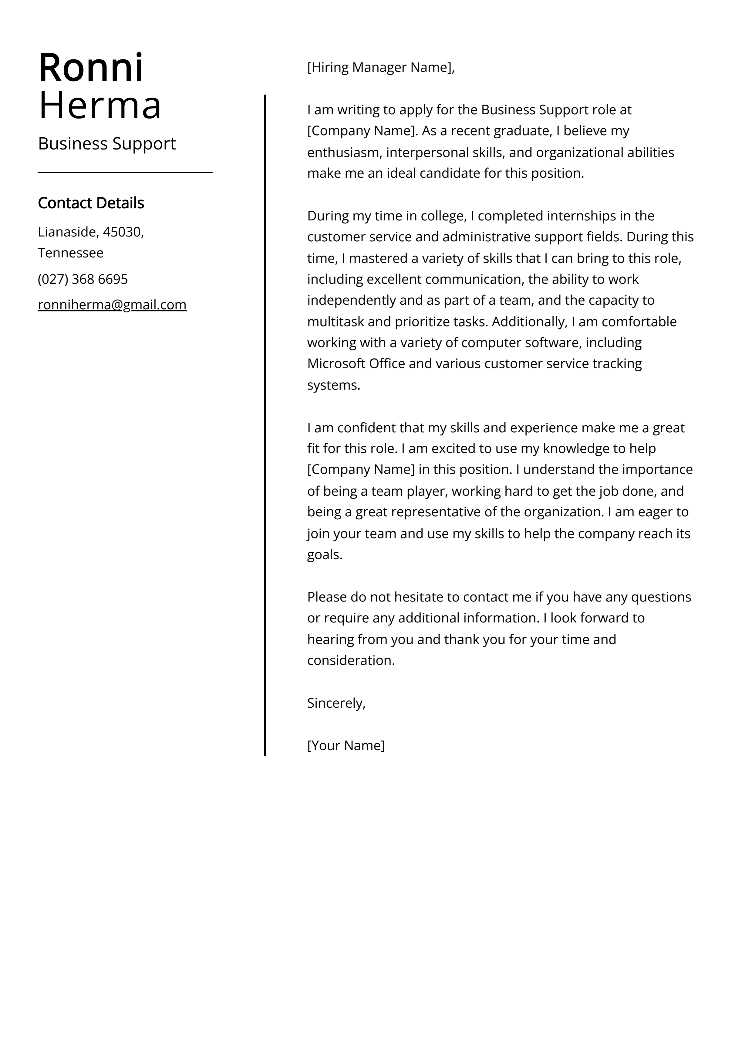 Business Support Cover Letter Example