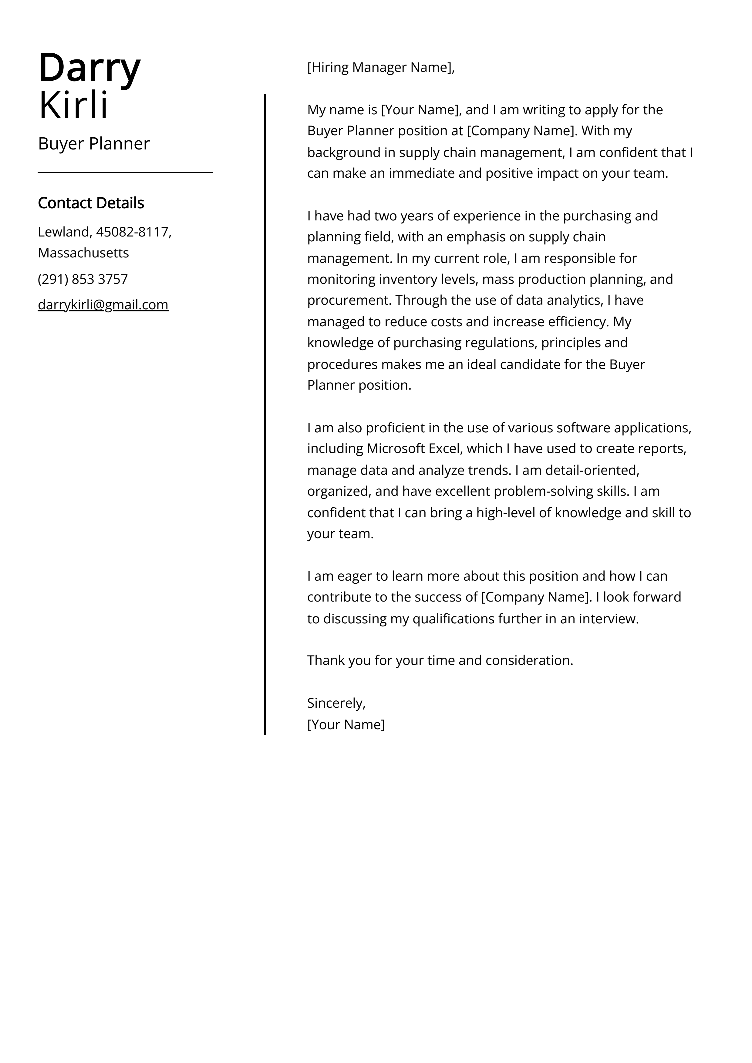 Buyer Planner Cover Letter Example