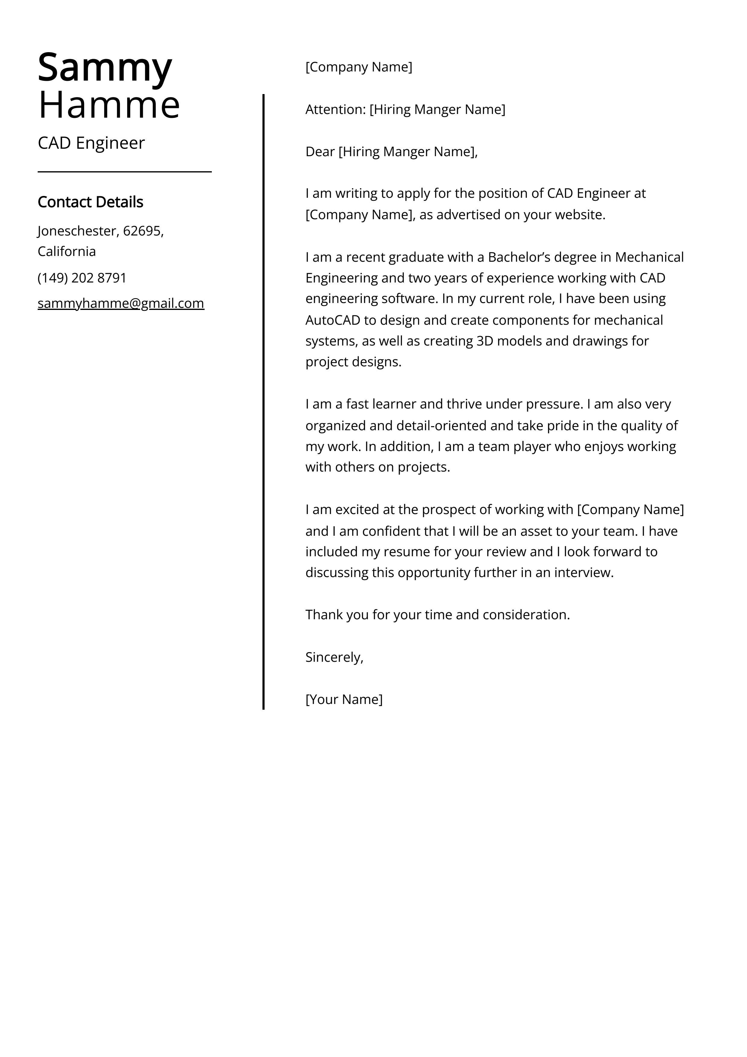 CAD Engineer Cover Letter Example