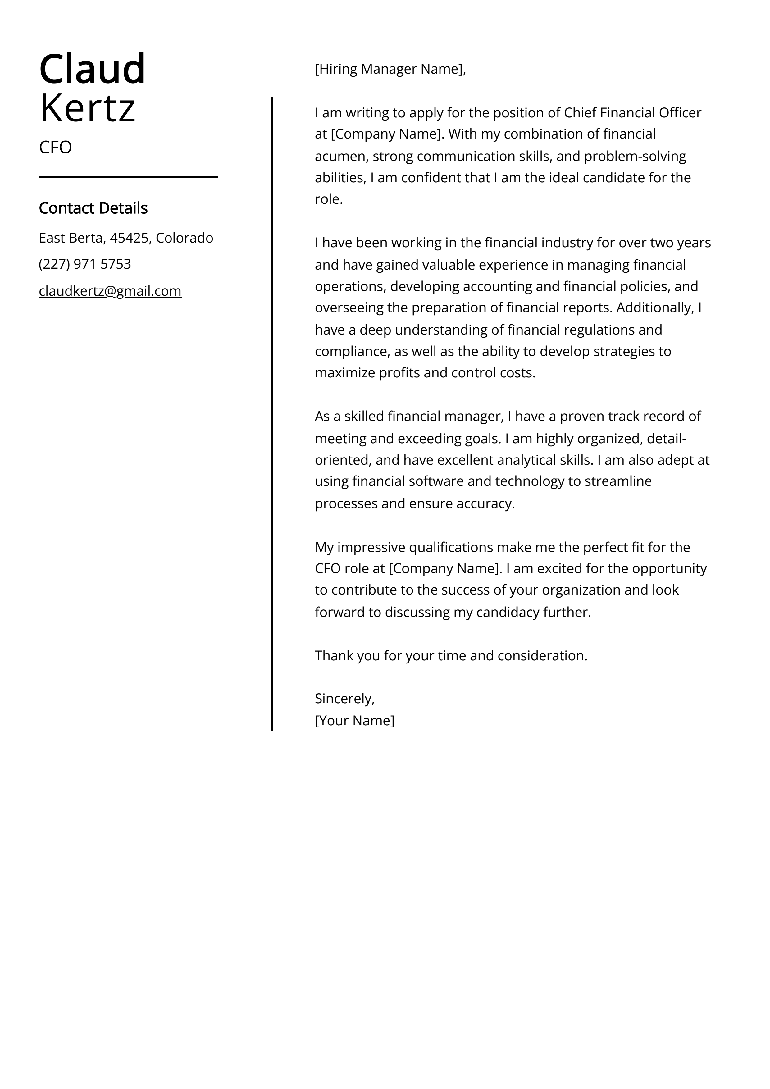 CFO Cover Letter Example