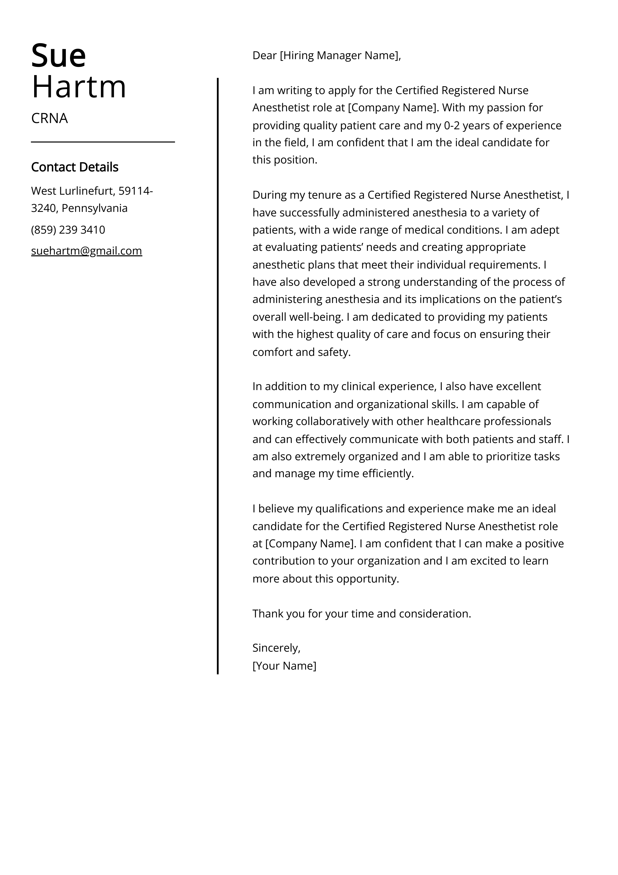 CRNA Cover Letter Example
