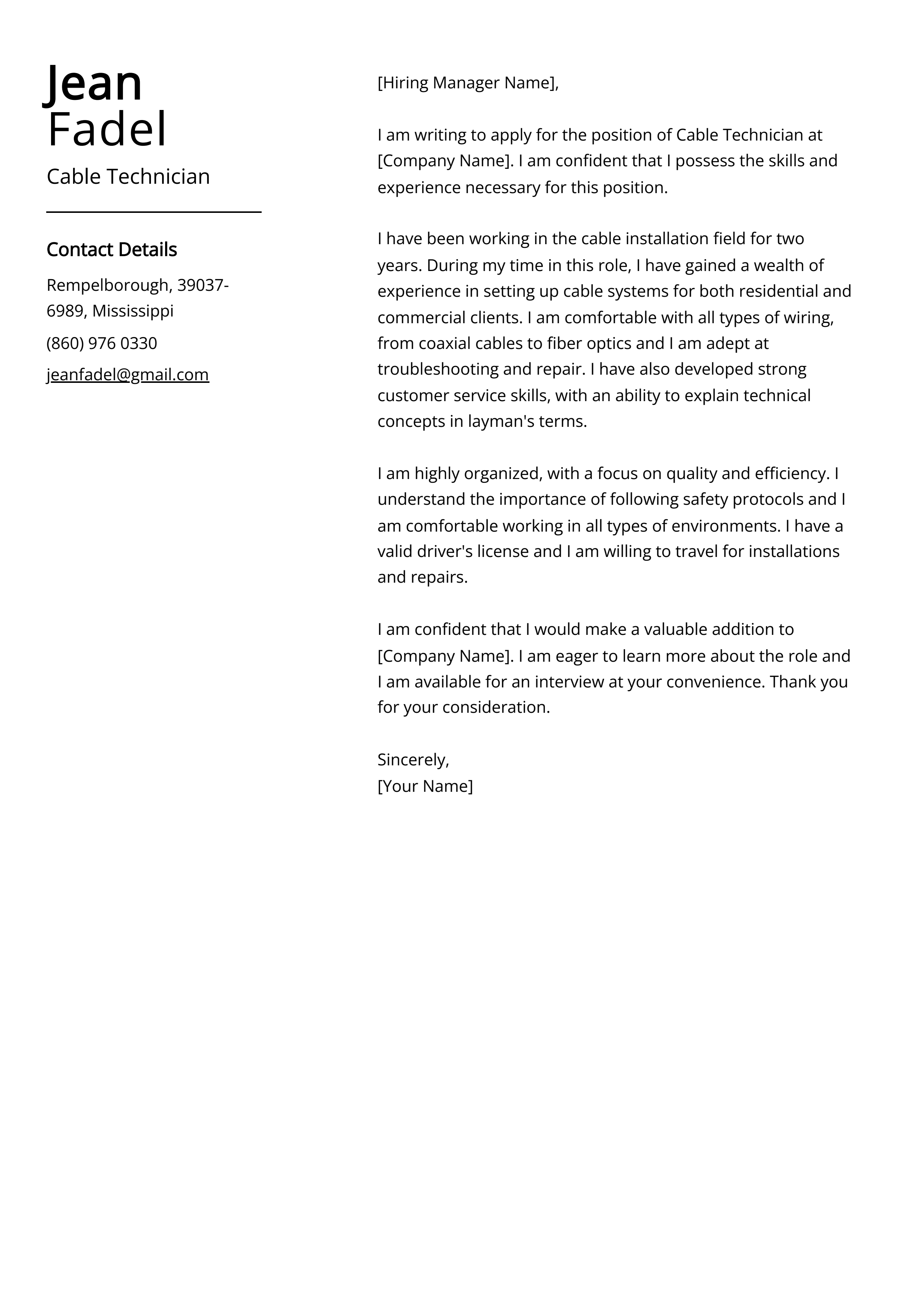 Cable Technician Cover Letter Example