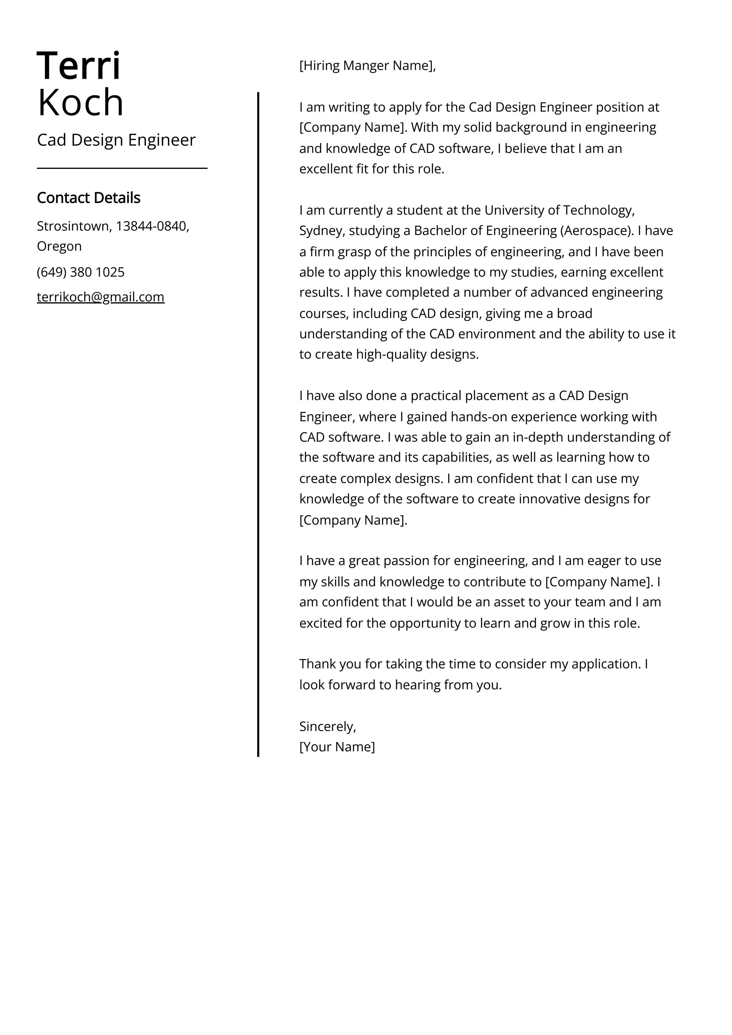 Cad Design Engineer Cover Letter Example