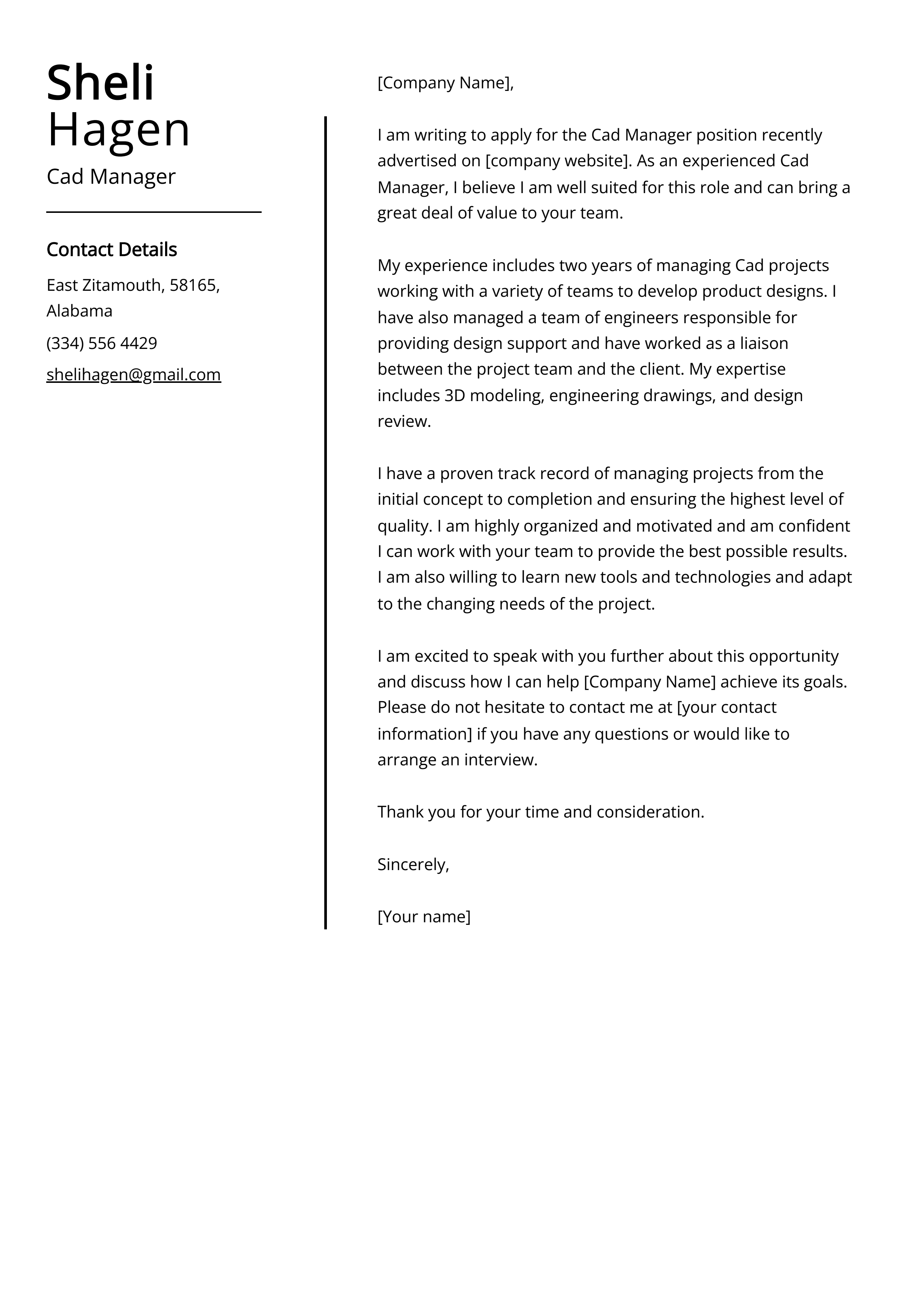 Cad Manager Cover Letter Example