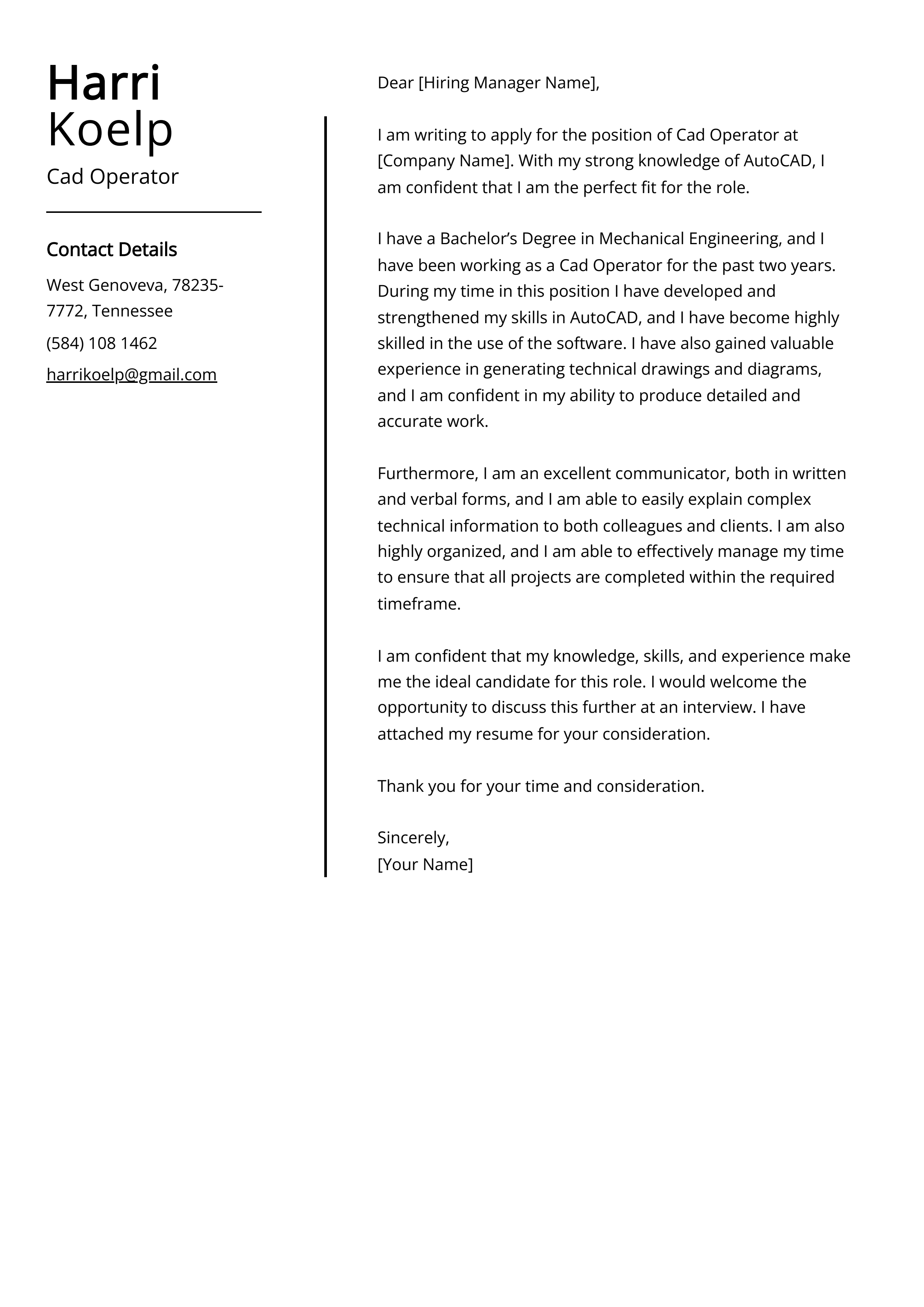 Cad Operator Cover Letter Example