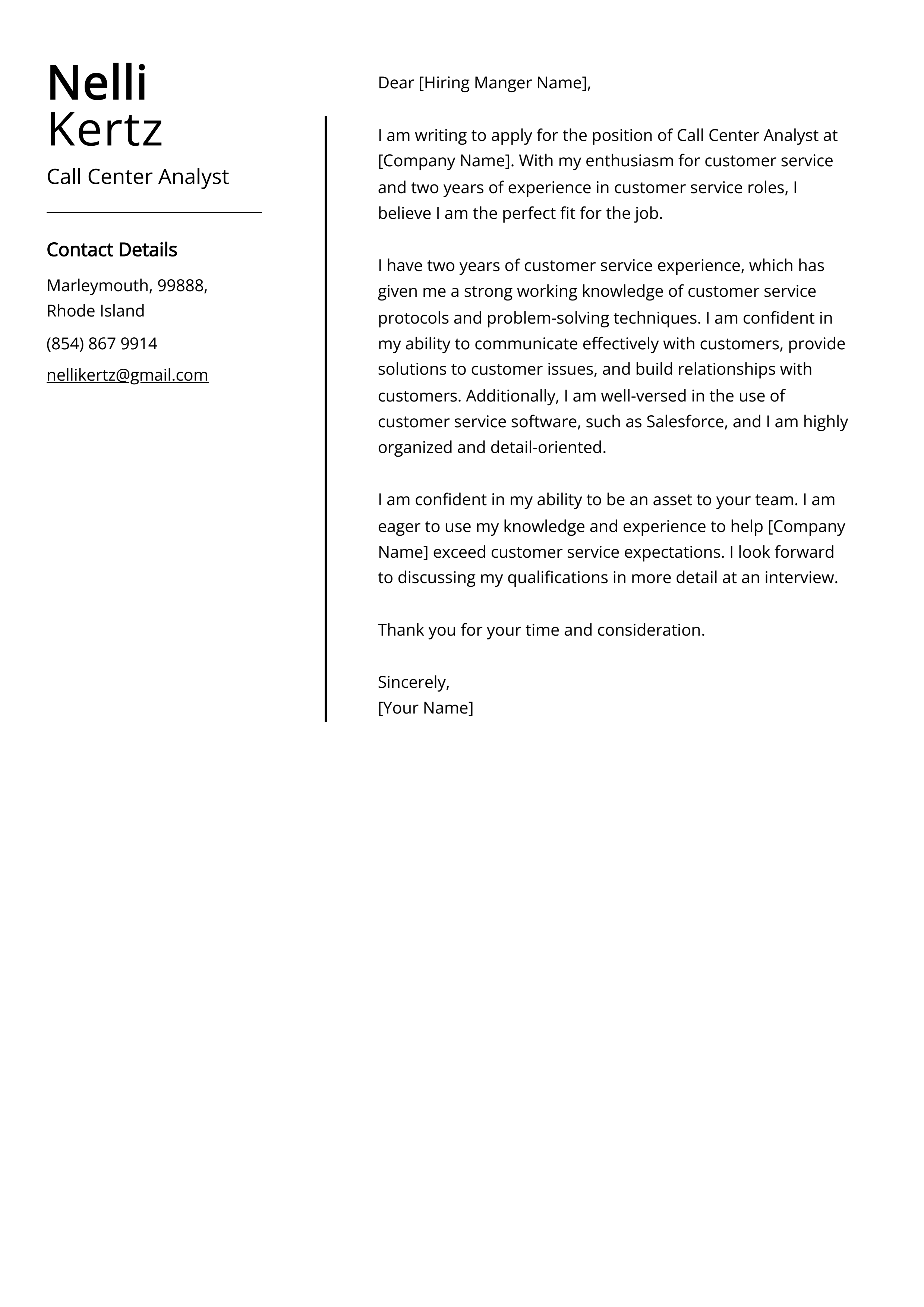 Call Center Analyst Cover Letter Example