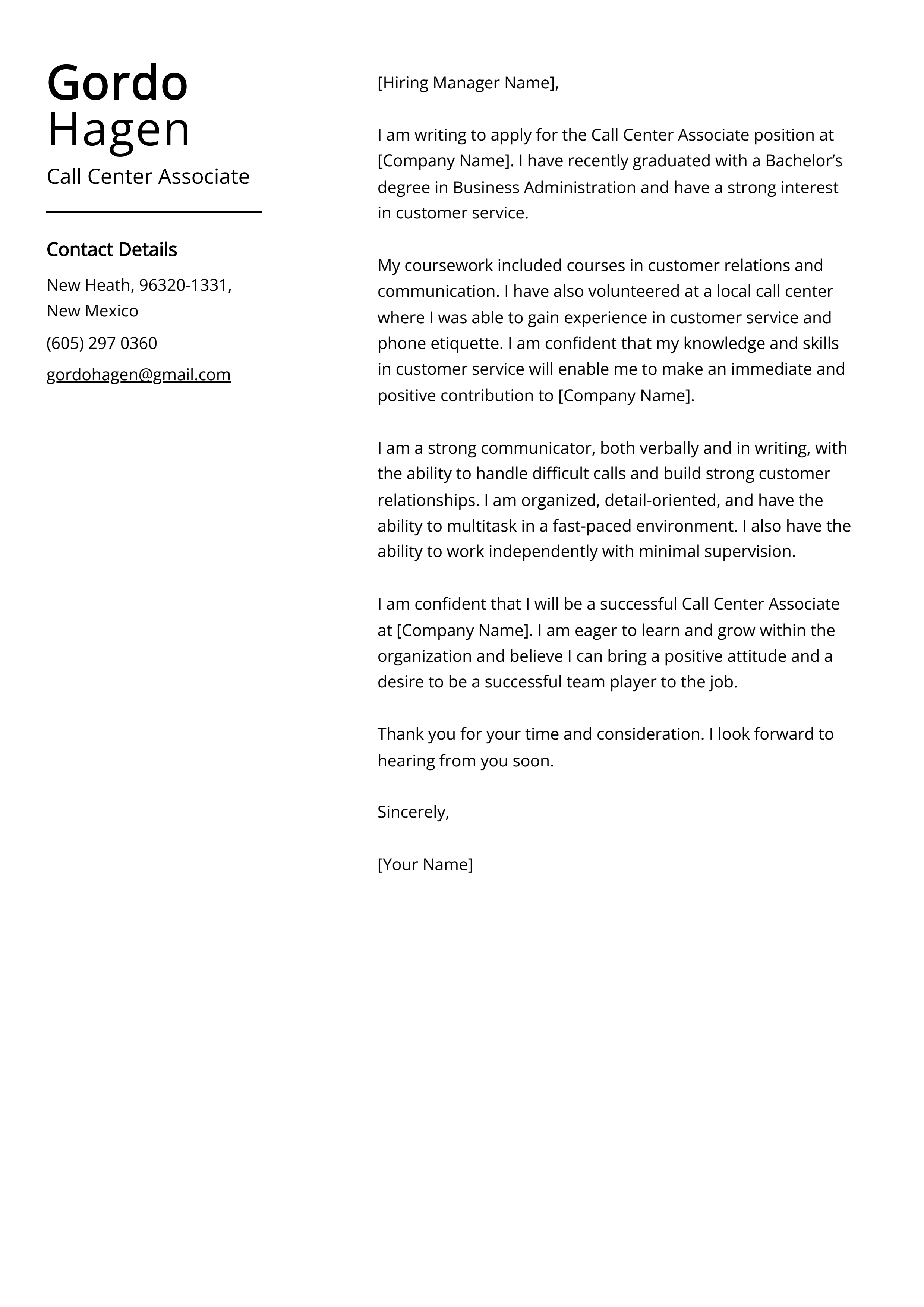 Call Center Associate Cover Letter Example