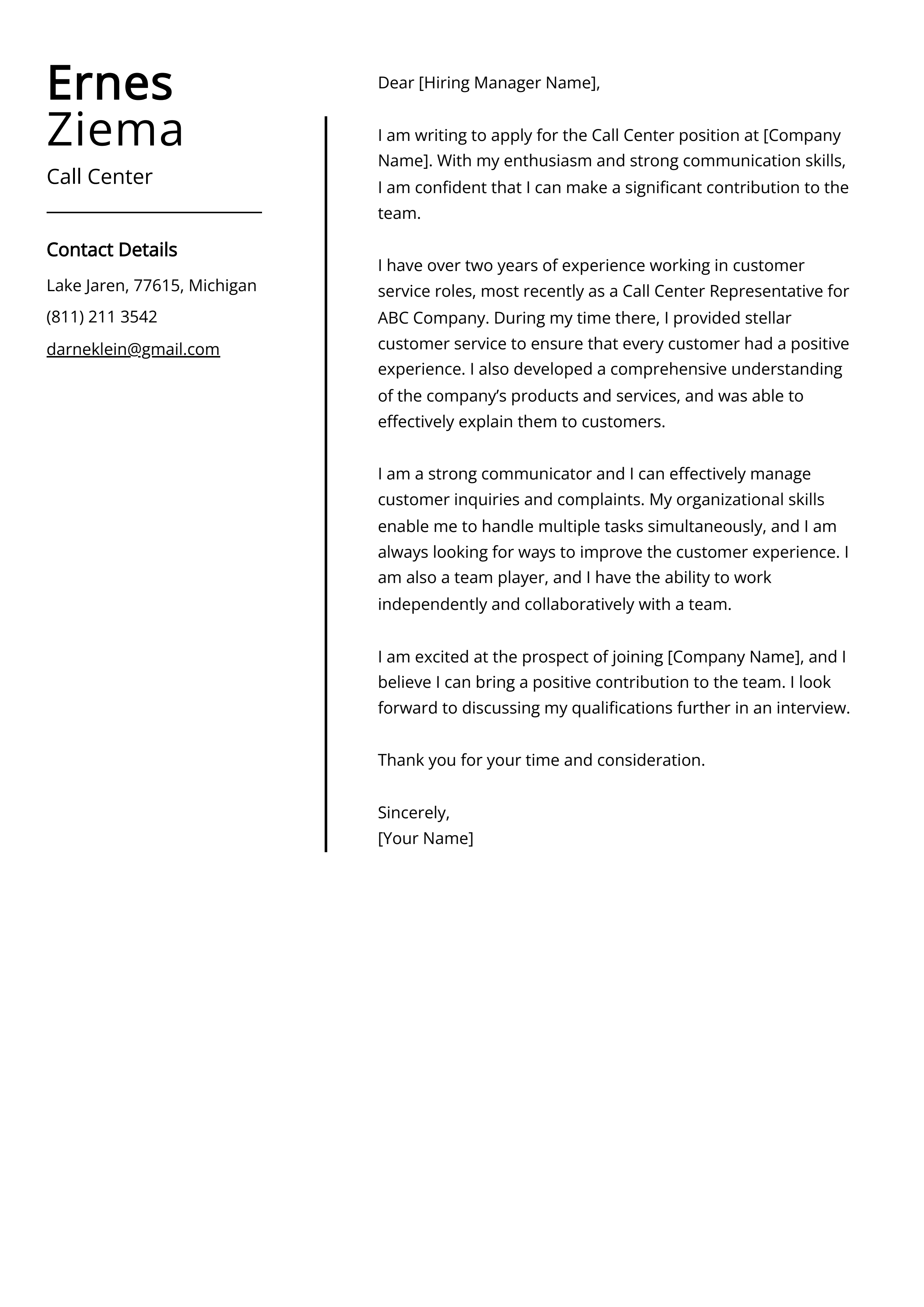 Call Center Cover Letter Example