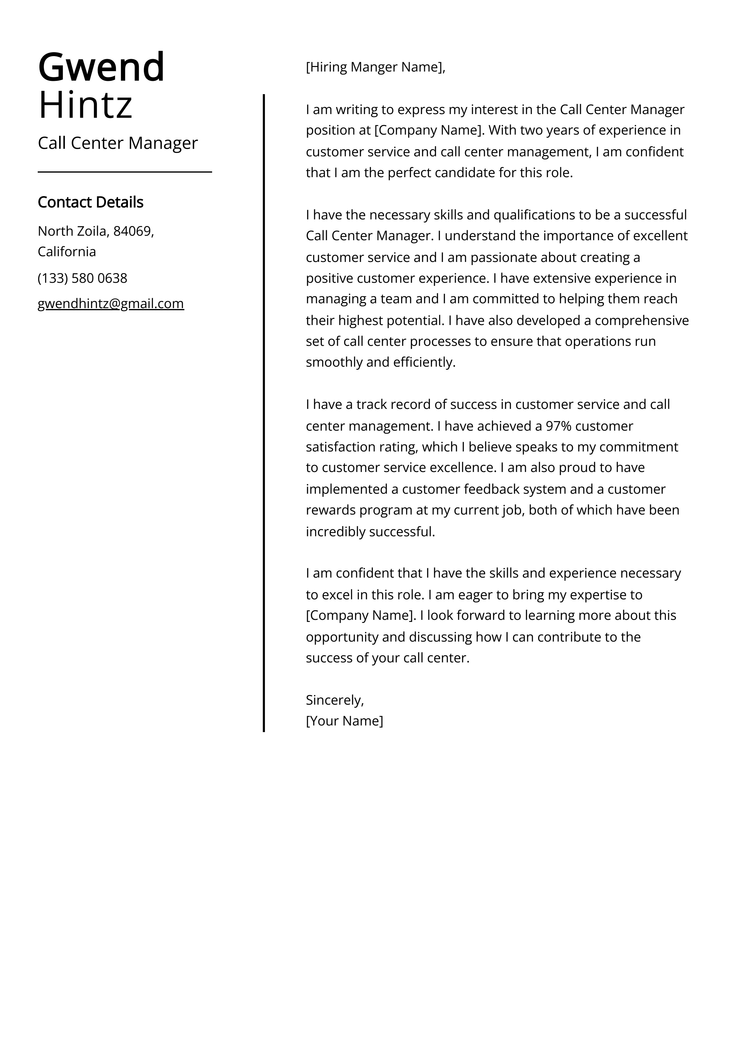 Call Center Manager Cover Letter Example