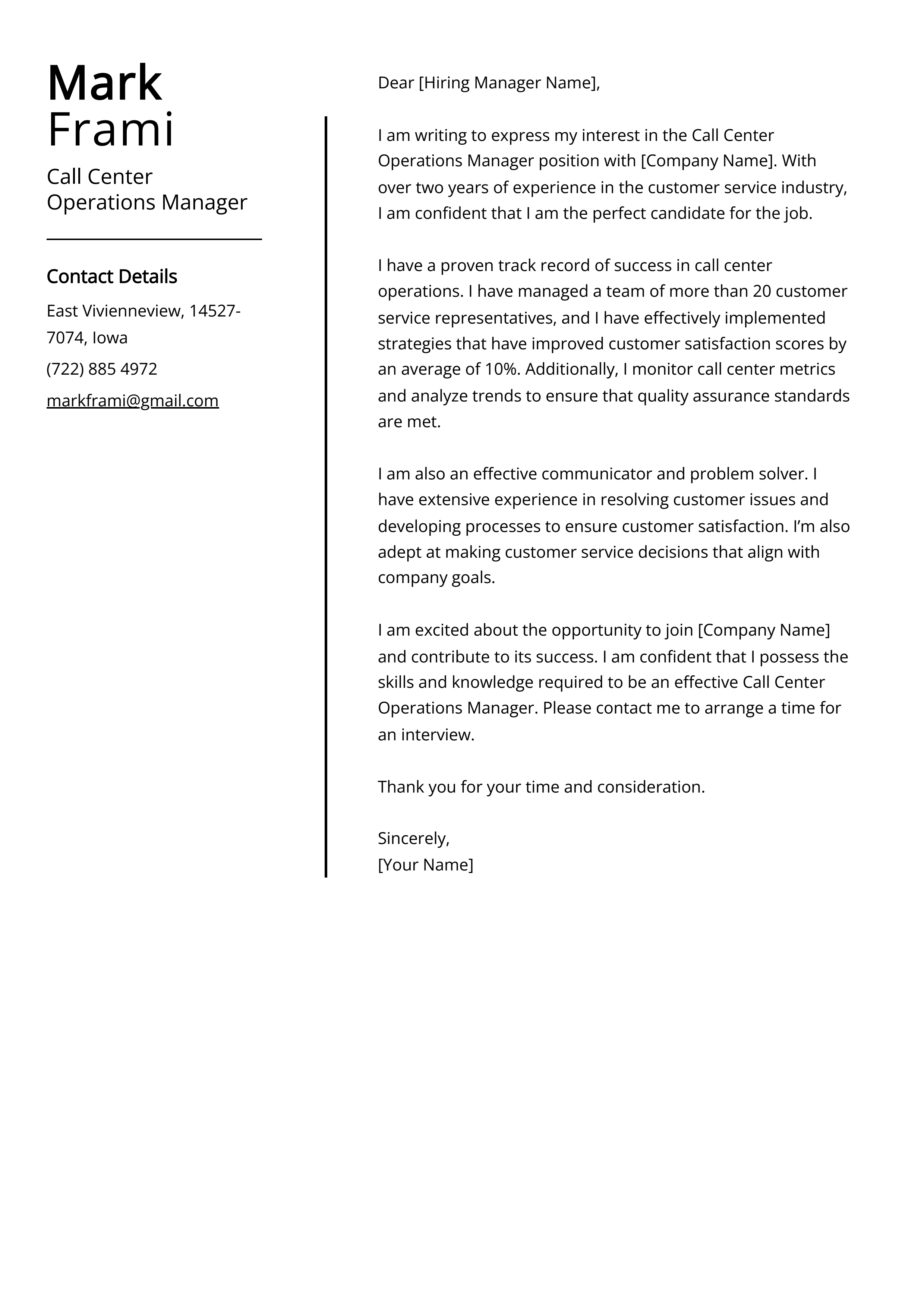 Call Center Operations Manager Cover Letter Example
