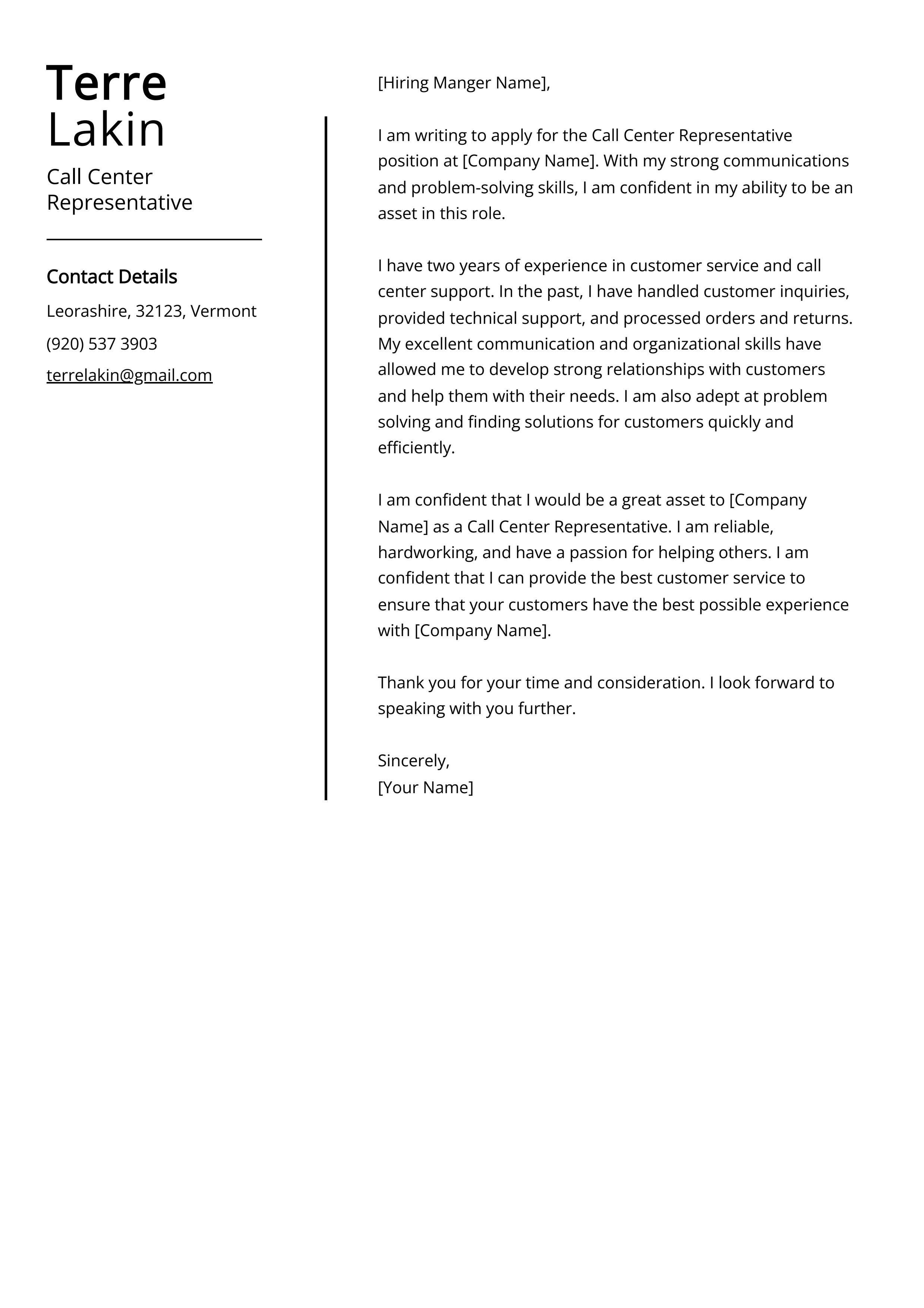 Call Center Representative Cover Letter Example
