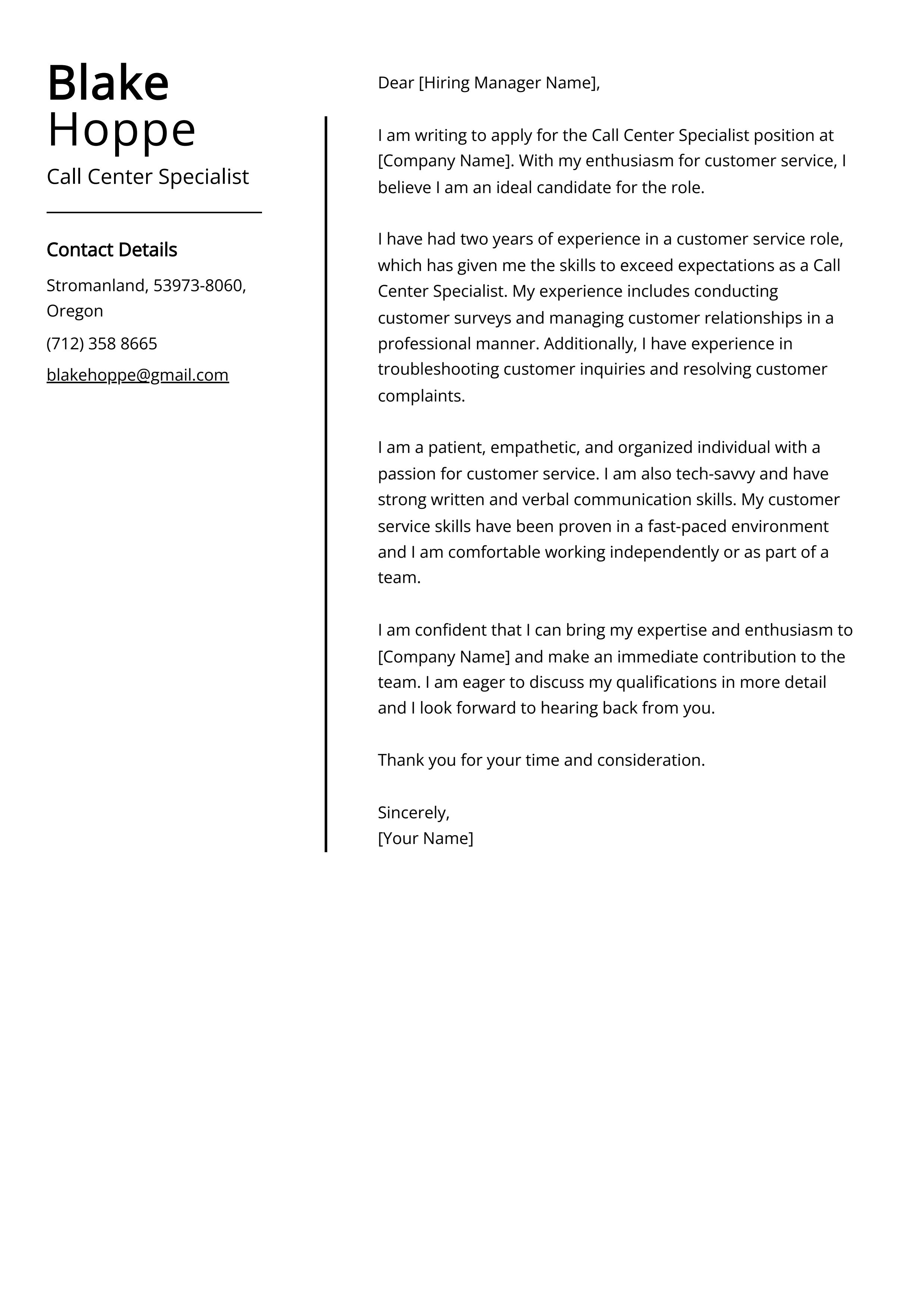 Call Center Specialist Cover Letter Example