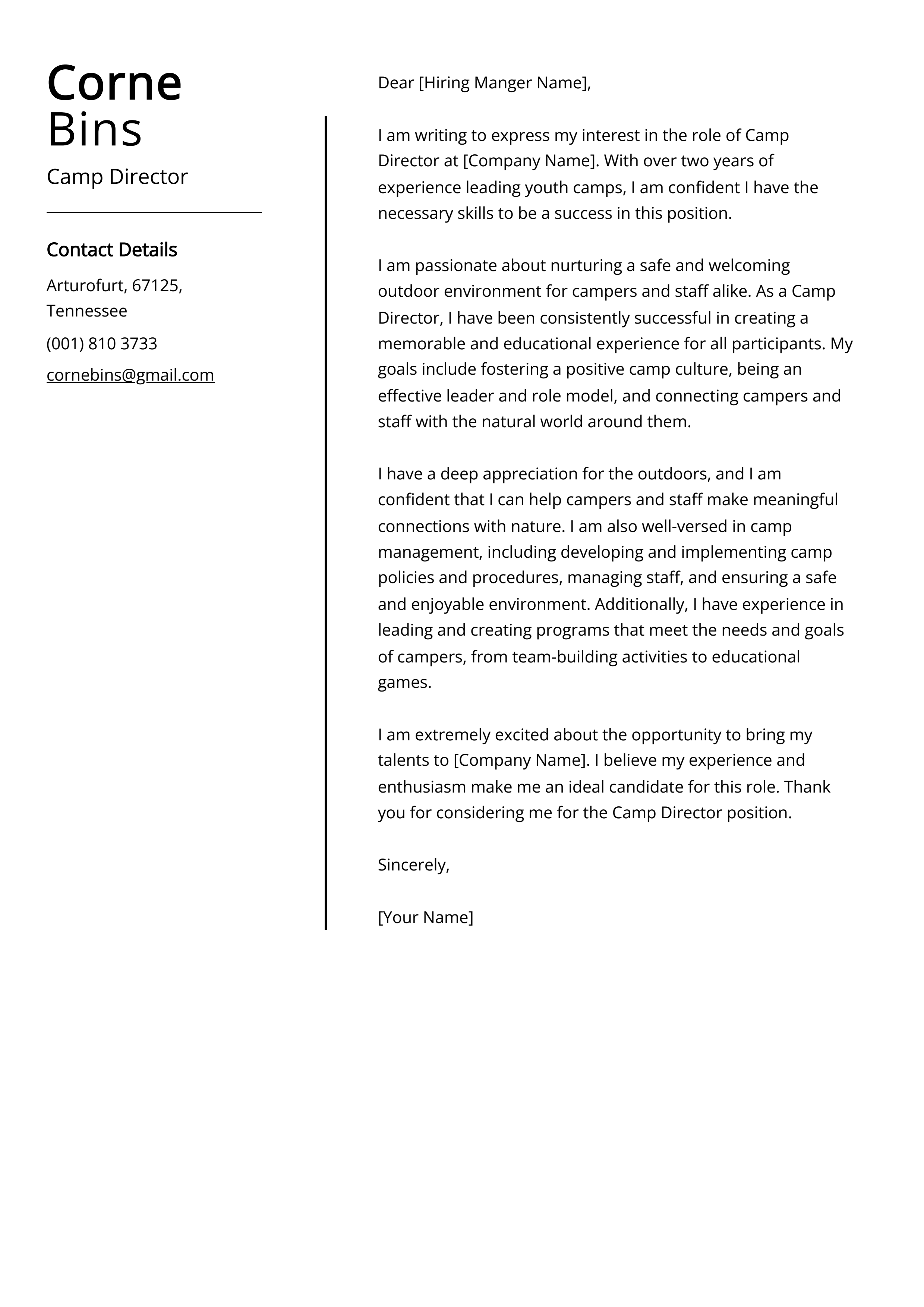 Camp Director Cover Letter Example (Free Guide)