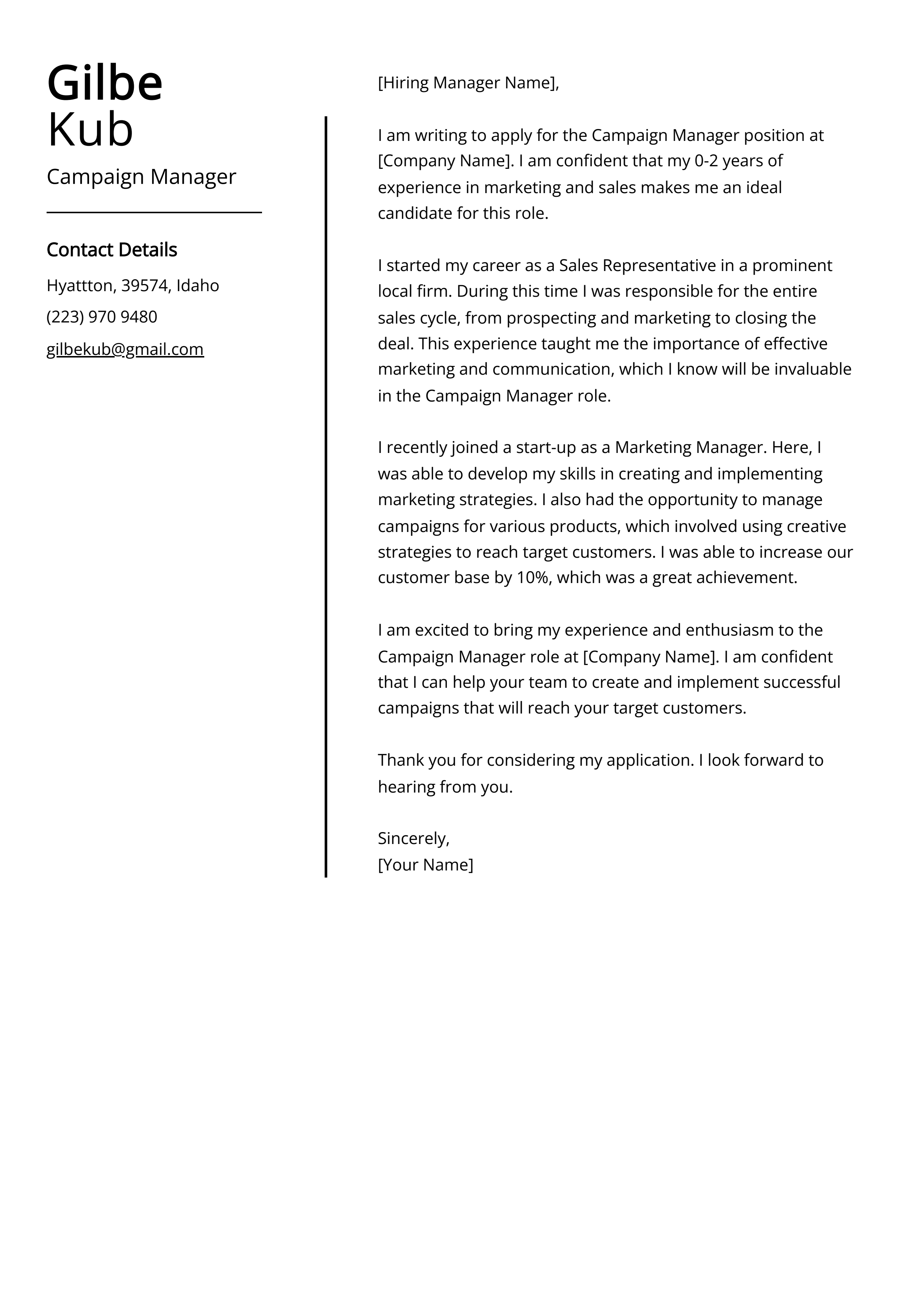 Campaign Manager Cover Letter Example