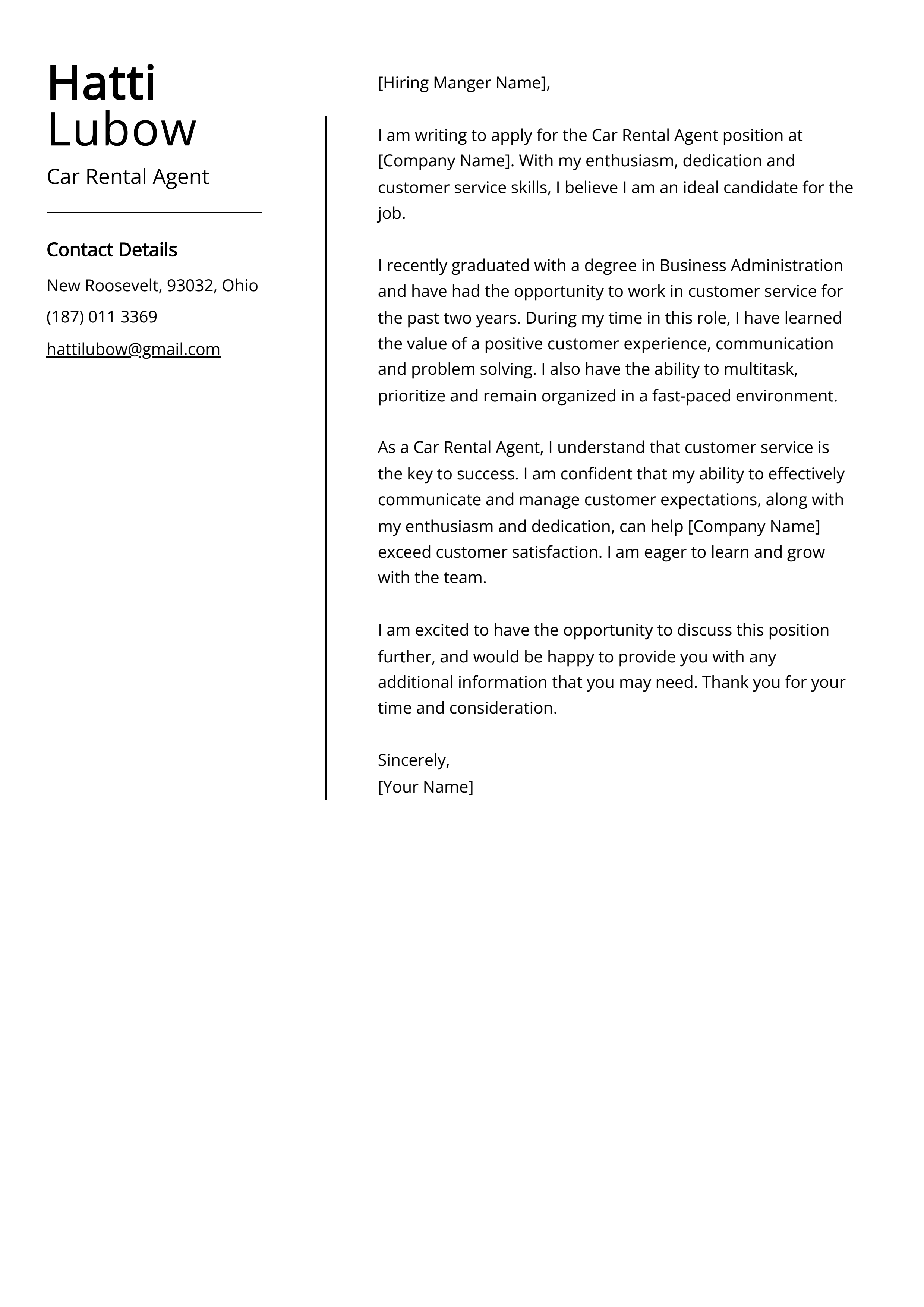 Car Rental Agent Cover Letter Example