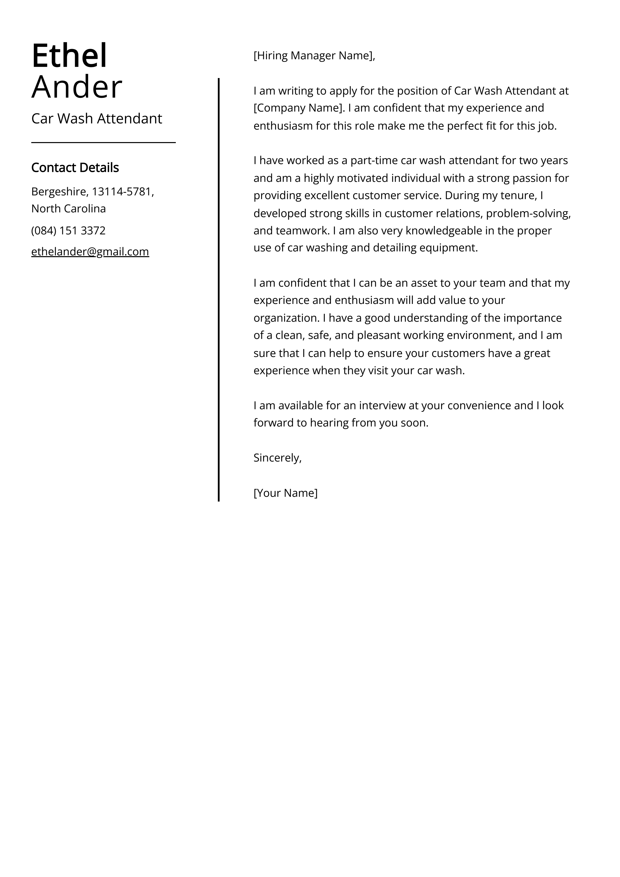Car Wash Attendant Cover Letter Example