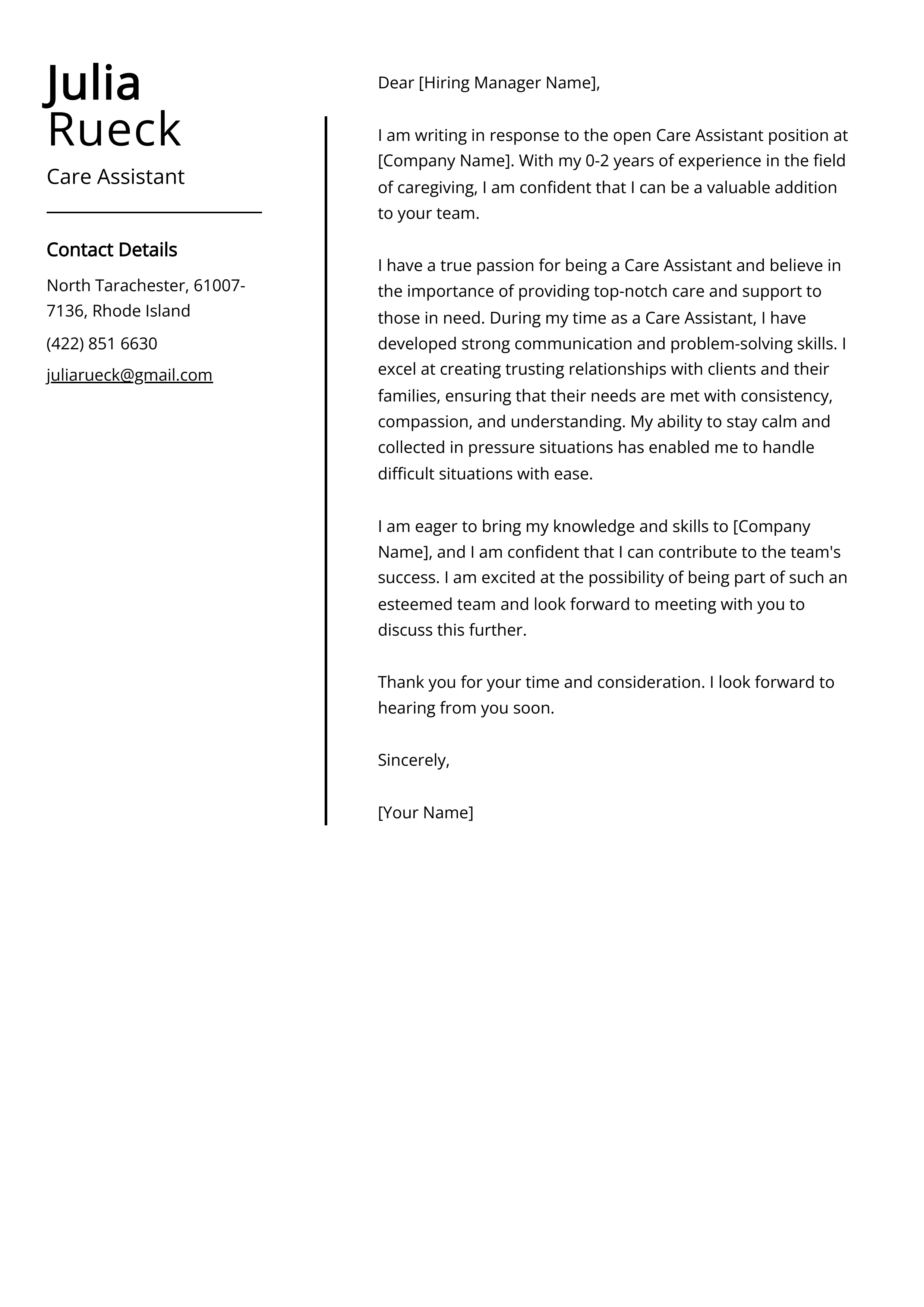 Care Assistant Cover Letter Example