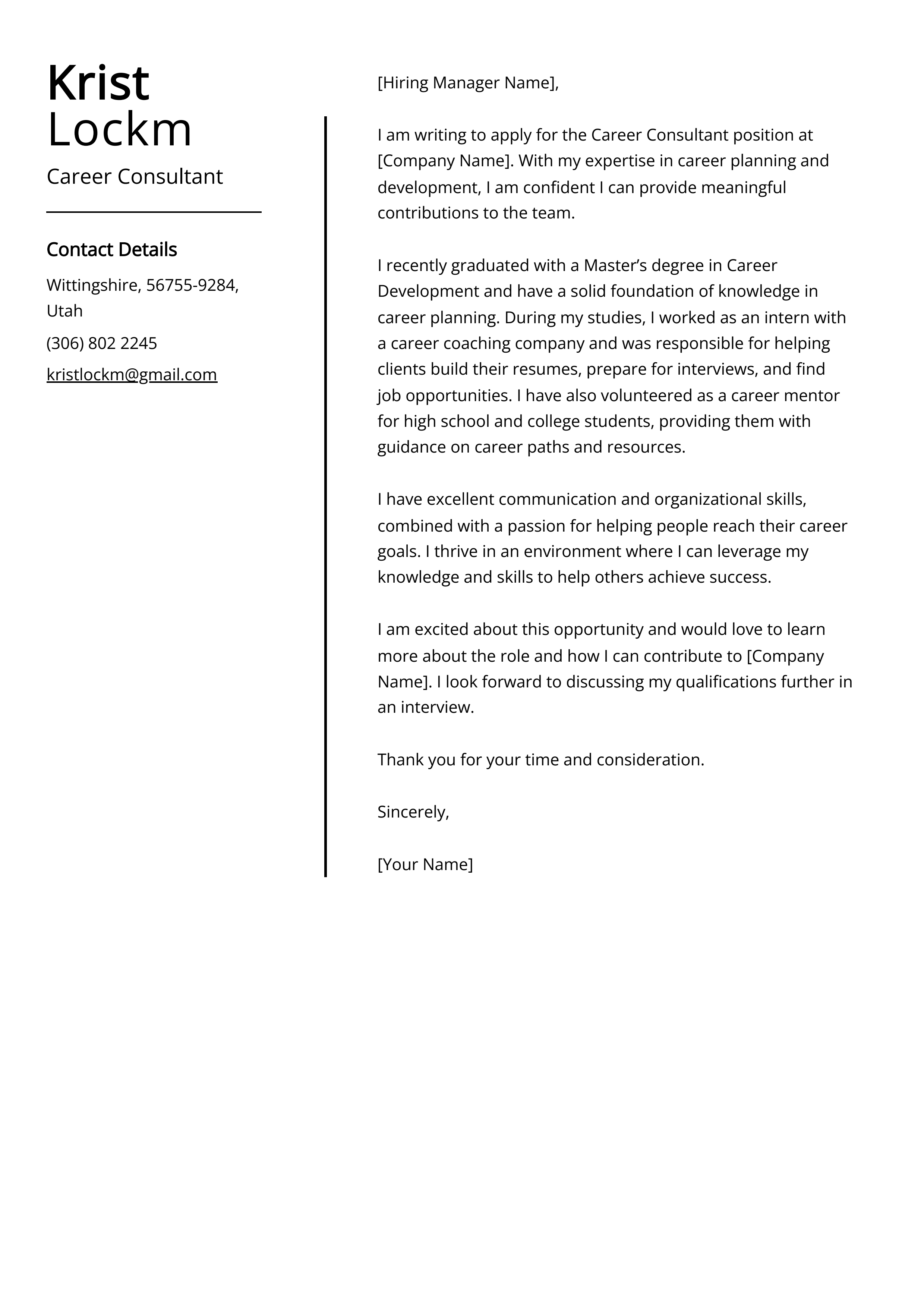 Career Consultant Cover Letter Example