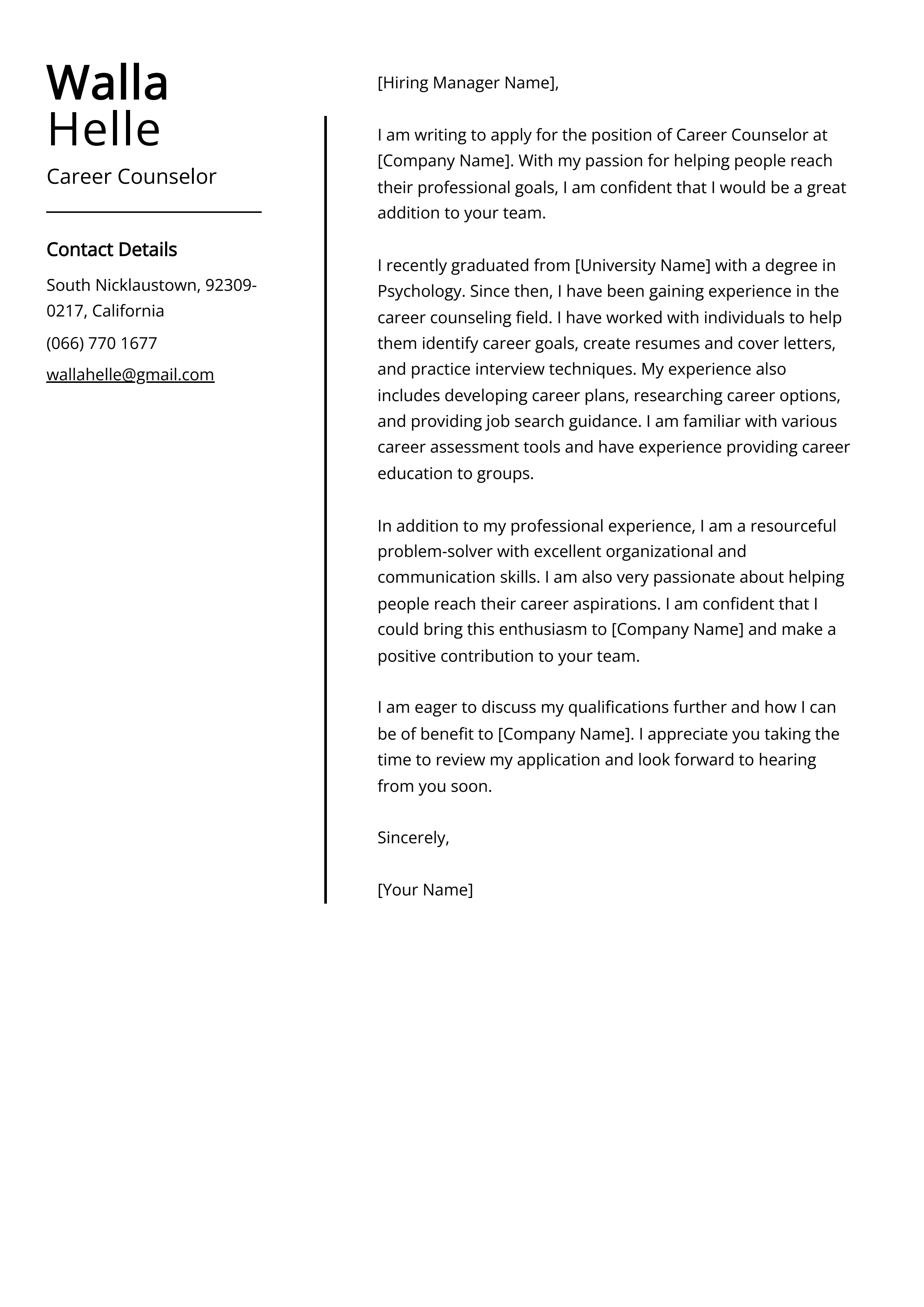 Career Counselor Cover Letter Example