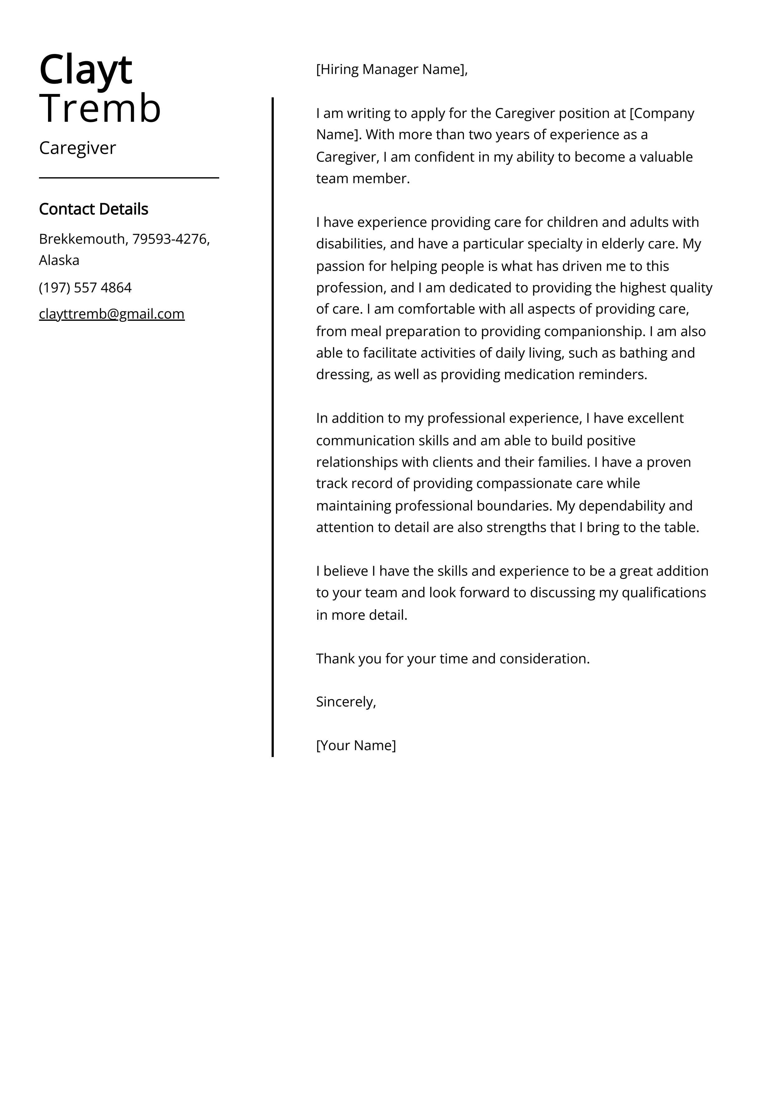 Caregiver Cover Letter Example