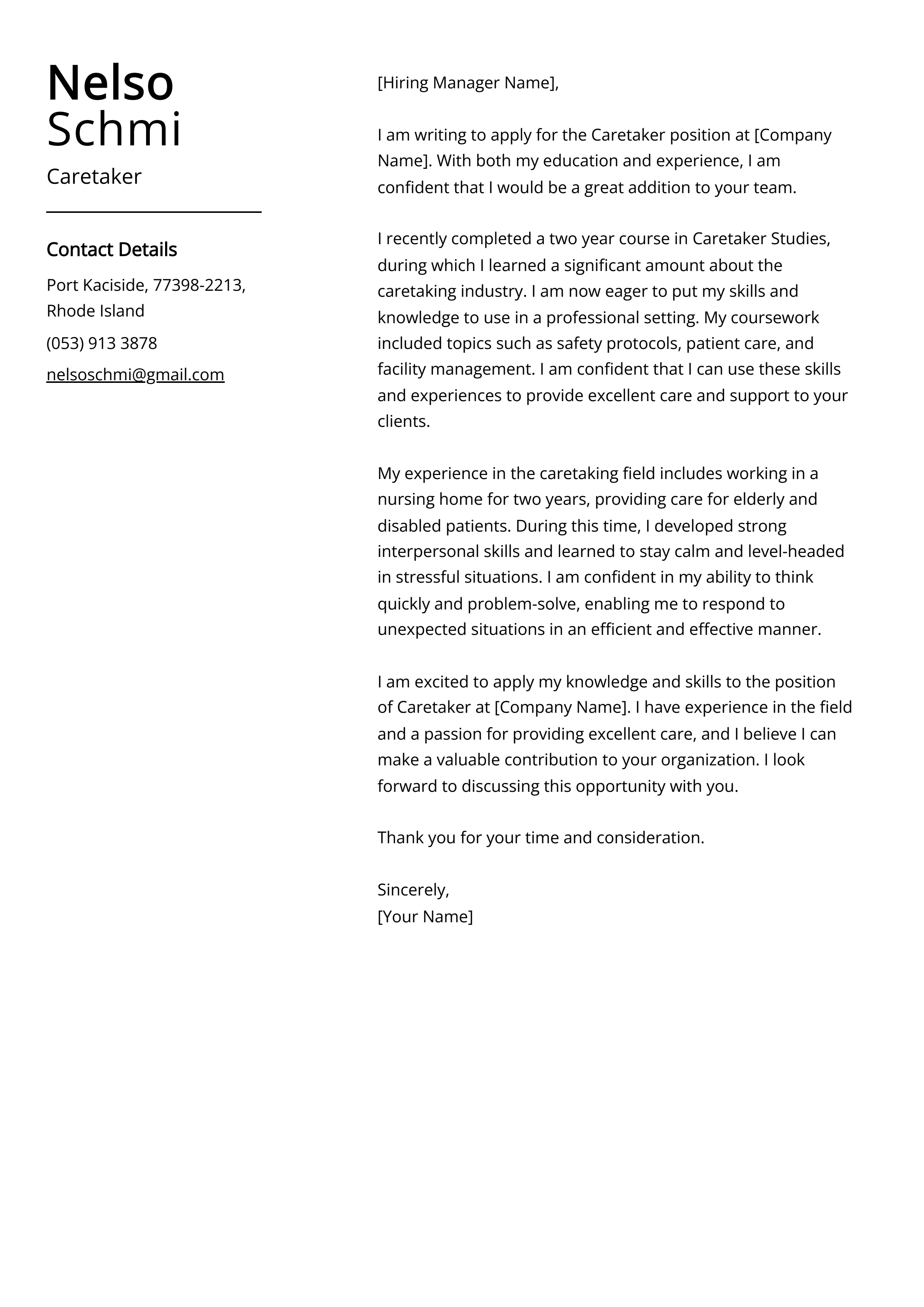 Caretaker Cover Letter Example