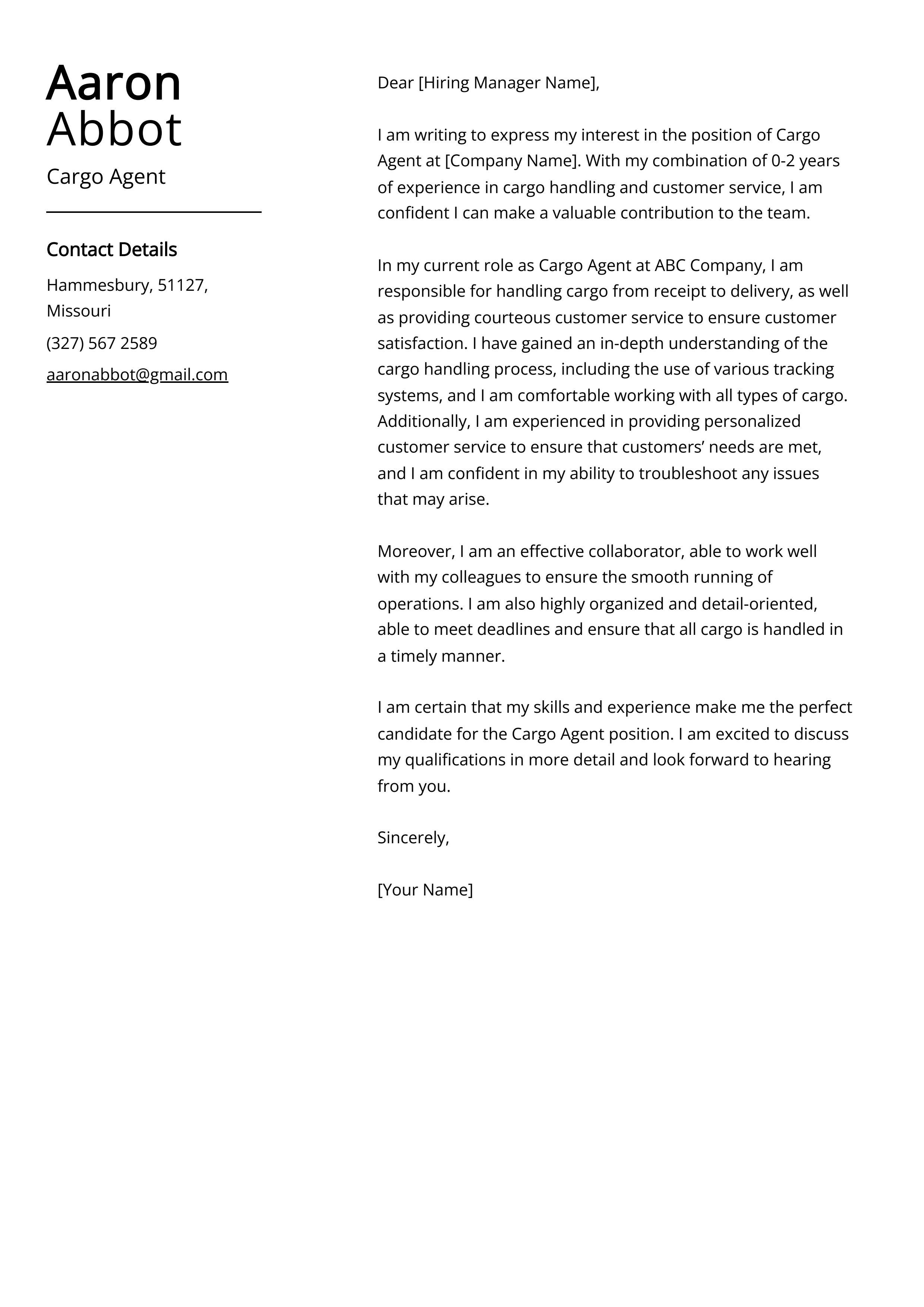 Cargo Agent Cover Letter Example