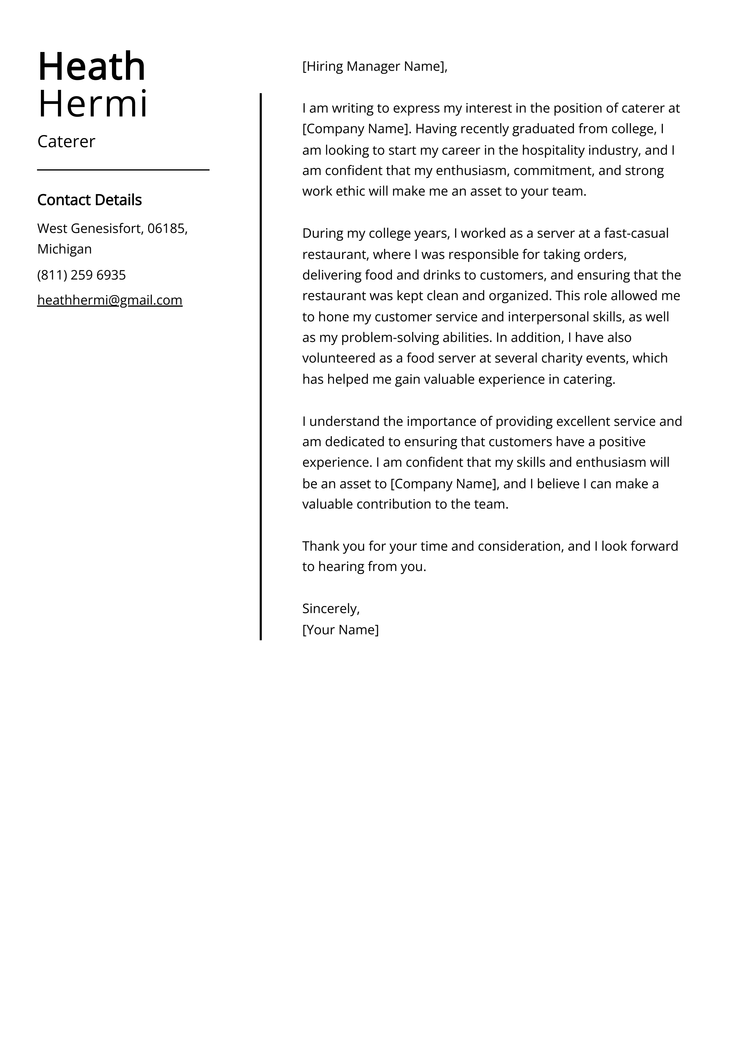 Caterer Cover Letter Example