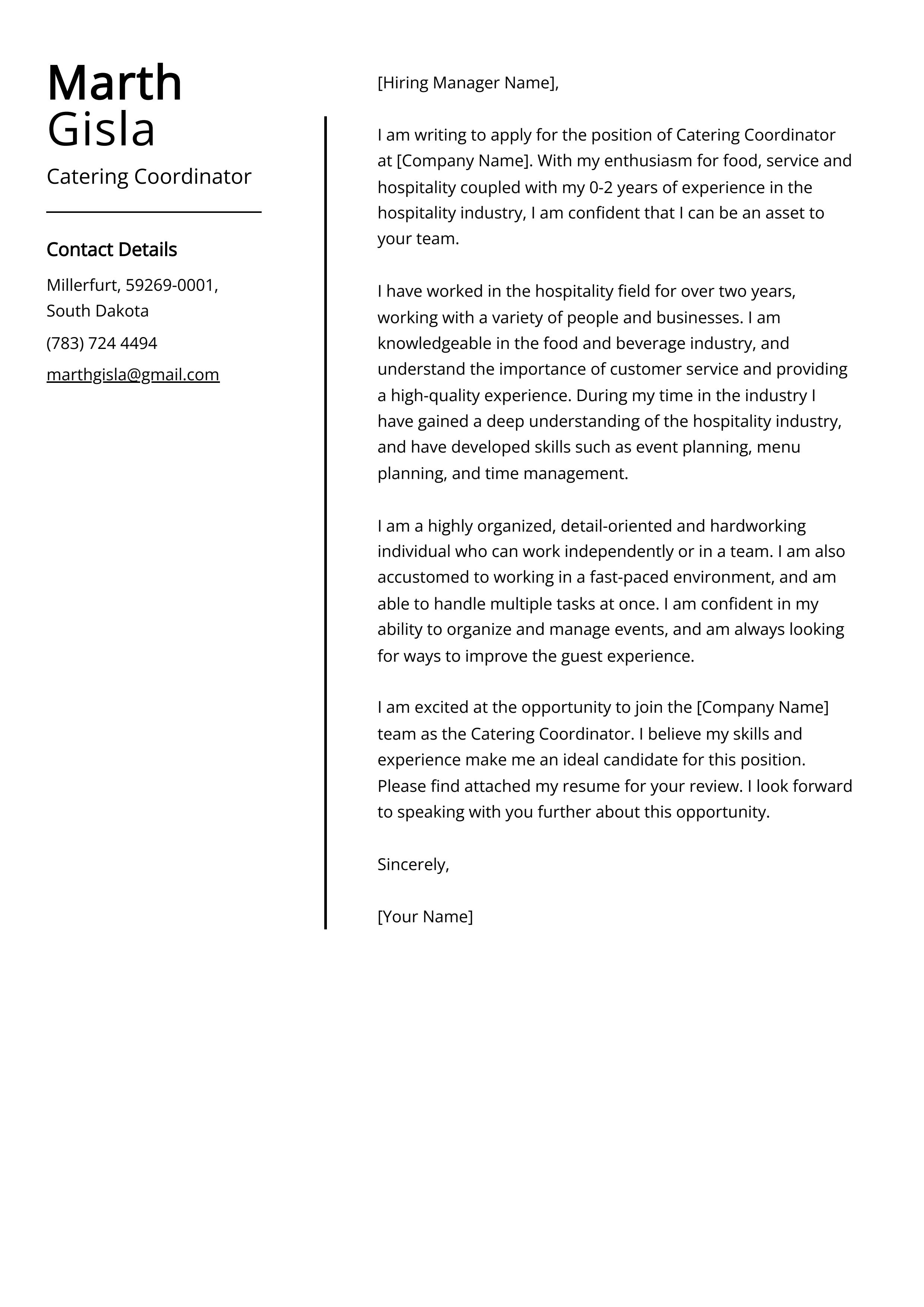 Catering Coordinator Cover Letter Example
