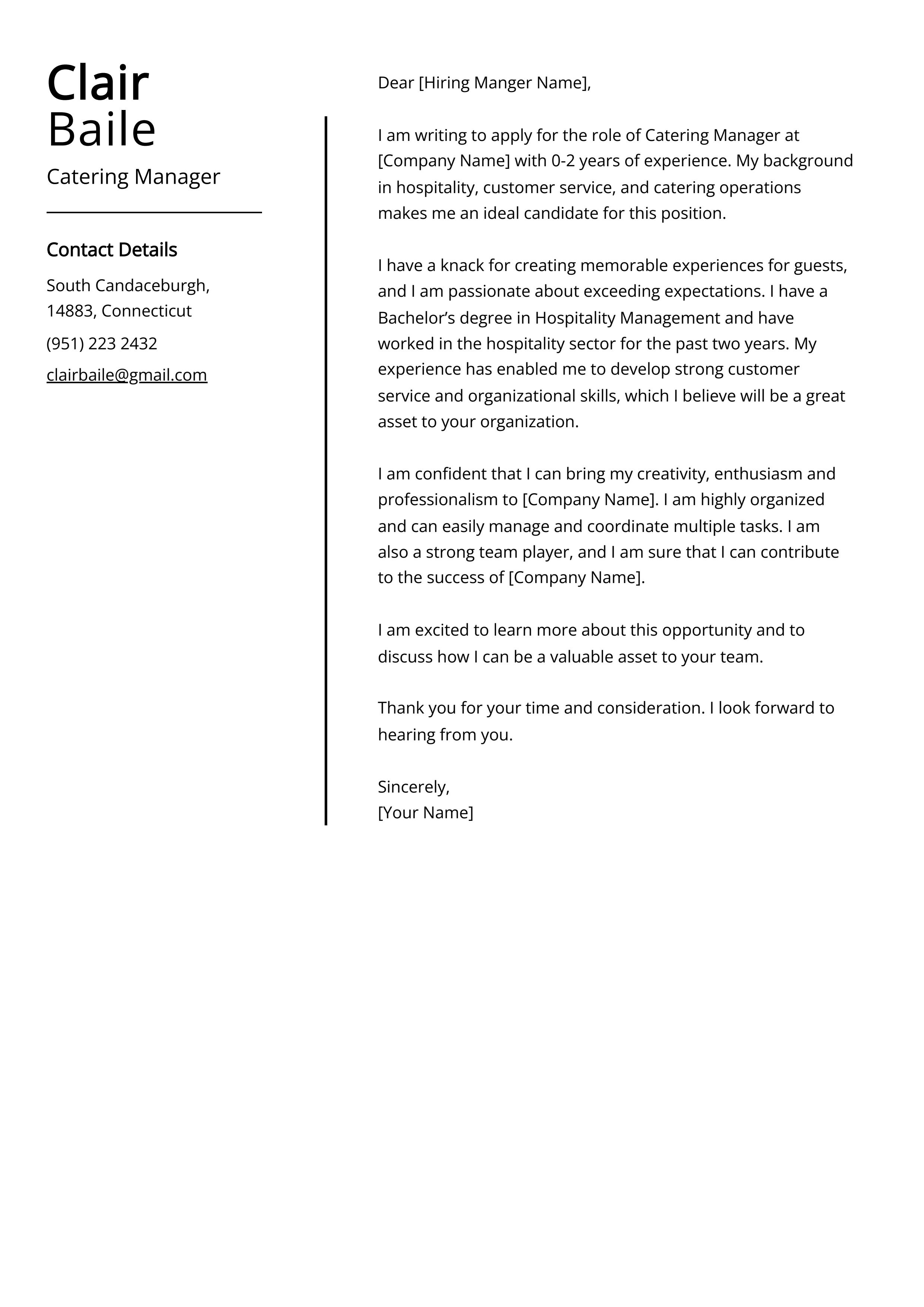 Catering Manager Cover Letter Example