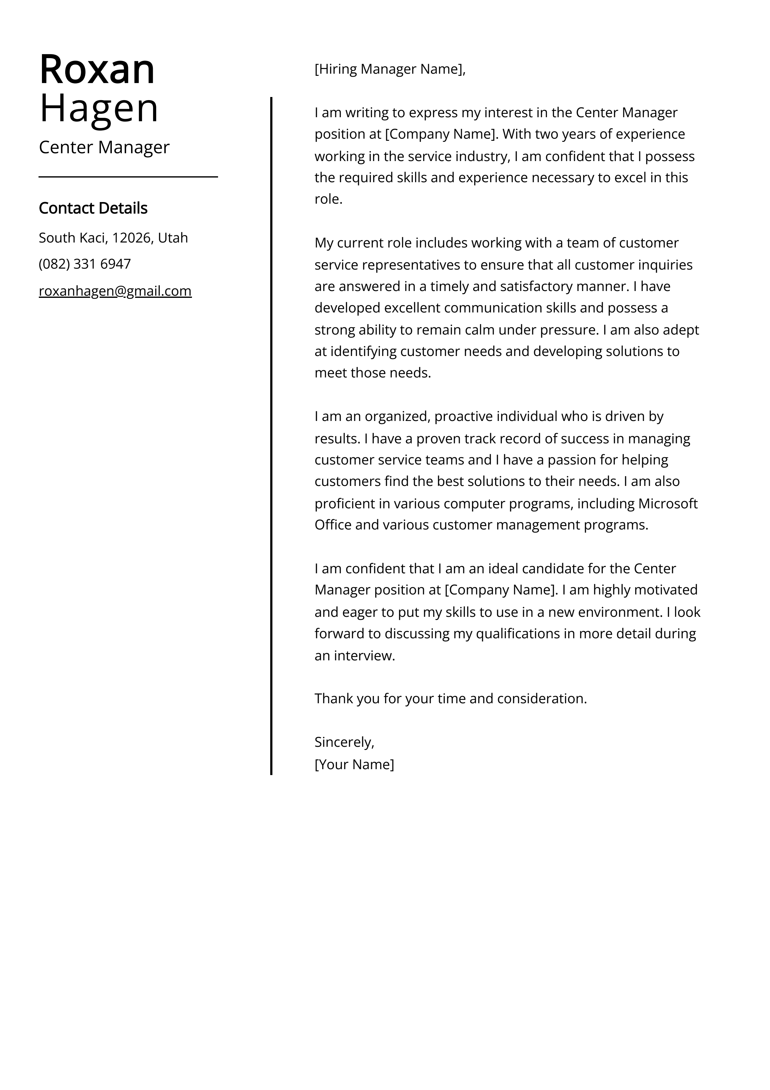 Center Manager Cover Letter Example
