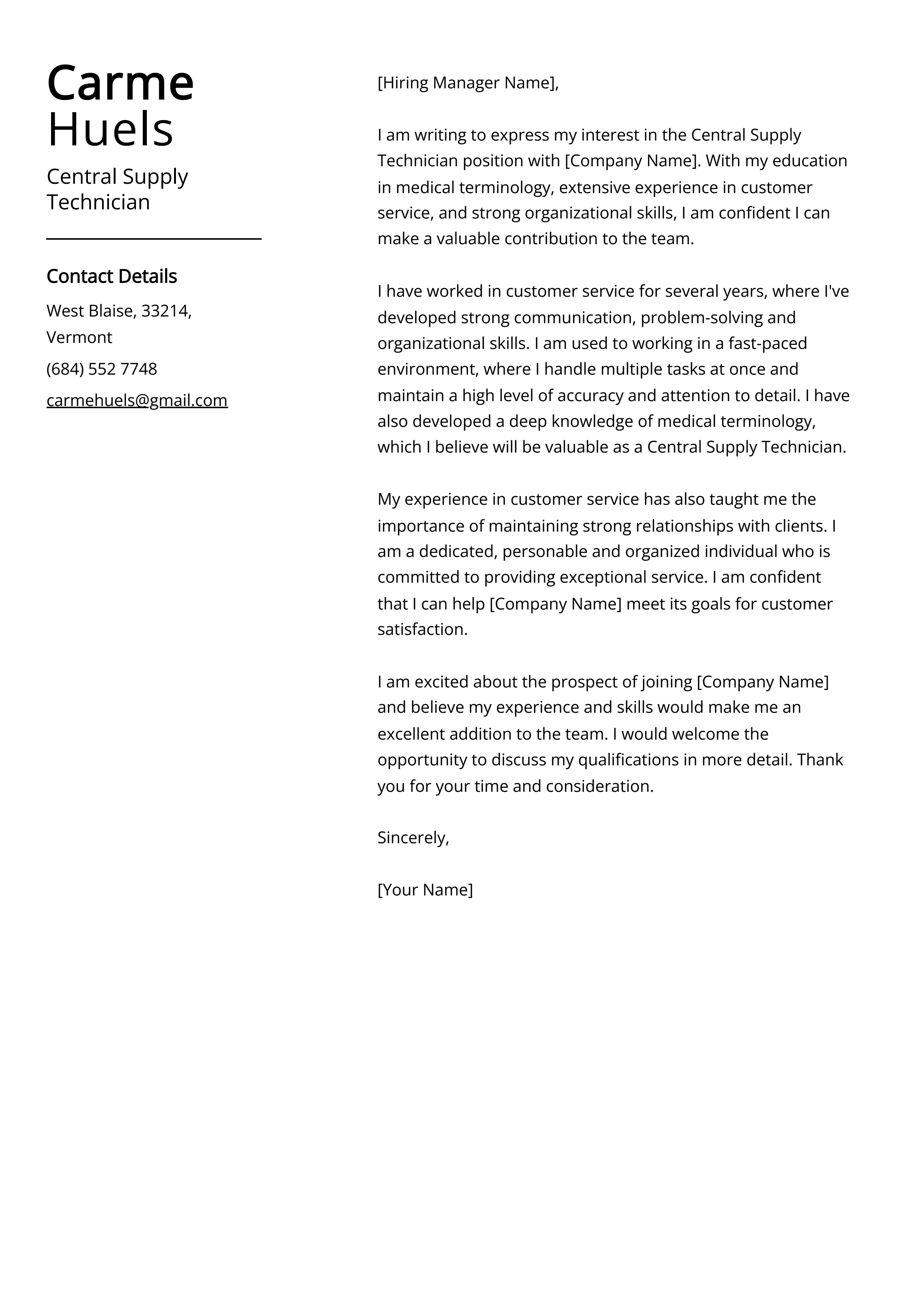 Central Supply Technician Cover Letter Example